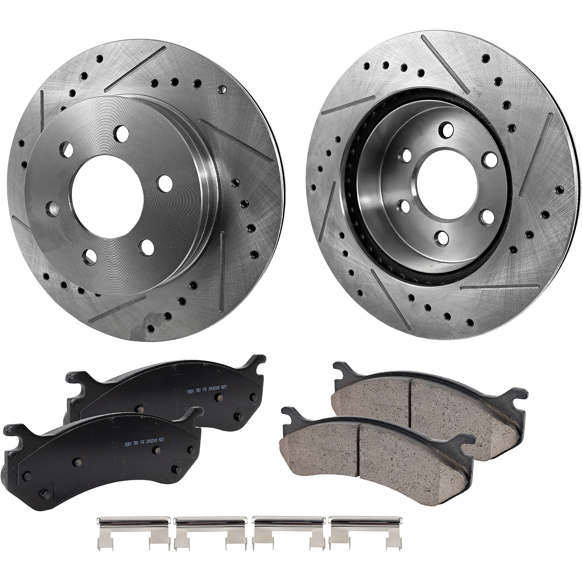 AM TAHOE 00-00 FRONT BRAKE DISC AND PAD KIT 2 Wheel Set Cross drilled and Slotted SKU KIT 051223-50 OEM 444-5569-5597-5962-19801-27142