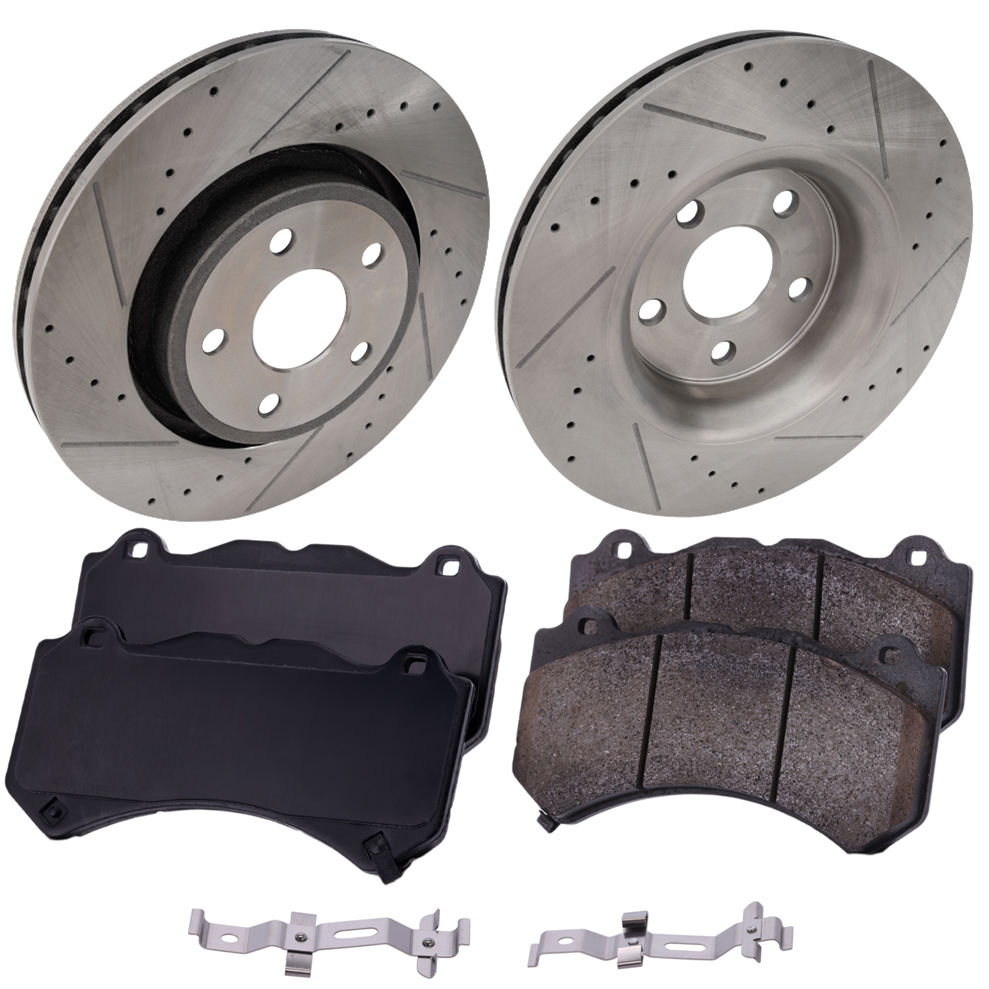 AM DURANGO 18-20 FRONT BRAKE DISC AND PAD KIT 2 Wheel Set Cross drilled and Slotted Ceramic SKU KIT 051223-65 OEM 43175-53064-850240-60042007-53