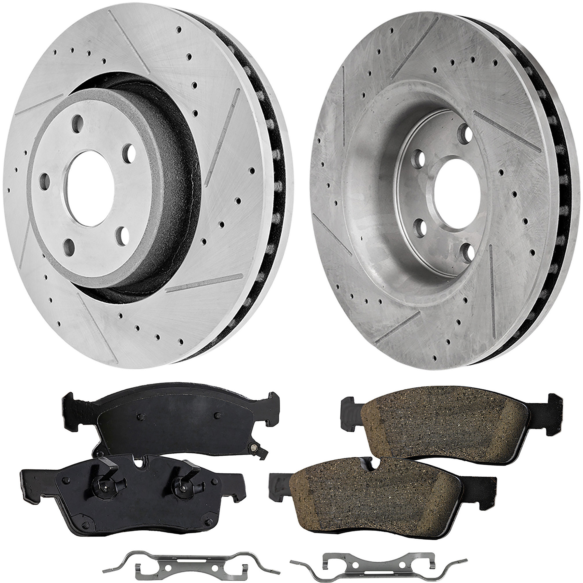 AM DURANGO 16-19 GRAND CHEROKEE 16-20 FRONT BRAKE DISC AND PAD KIT 2 Wheel Set Cross drilled and Slotted Ceramic SKU KIT 051223-67 OEM 43175-53064-850240-60042007-53