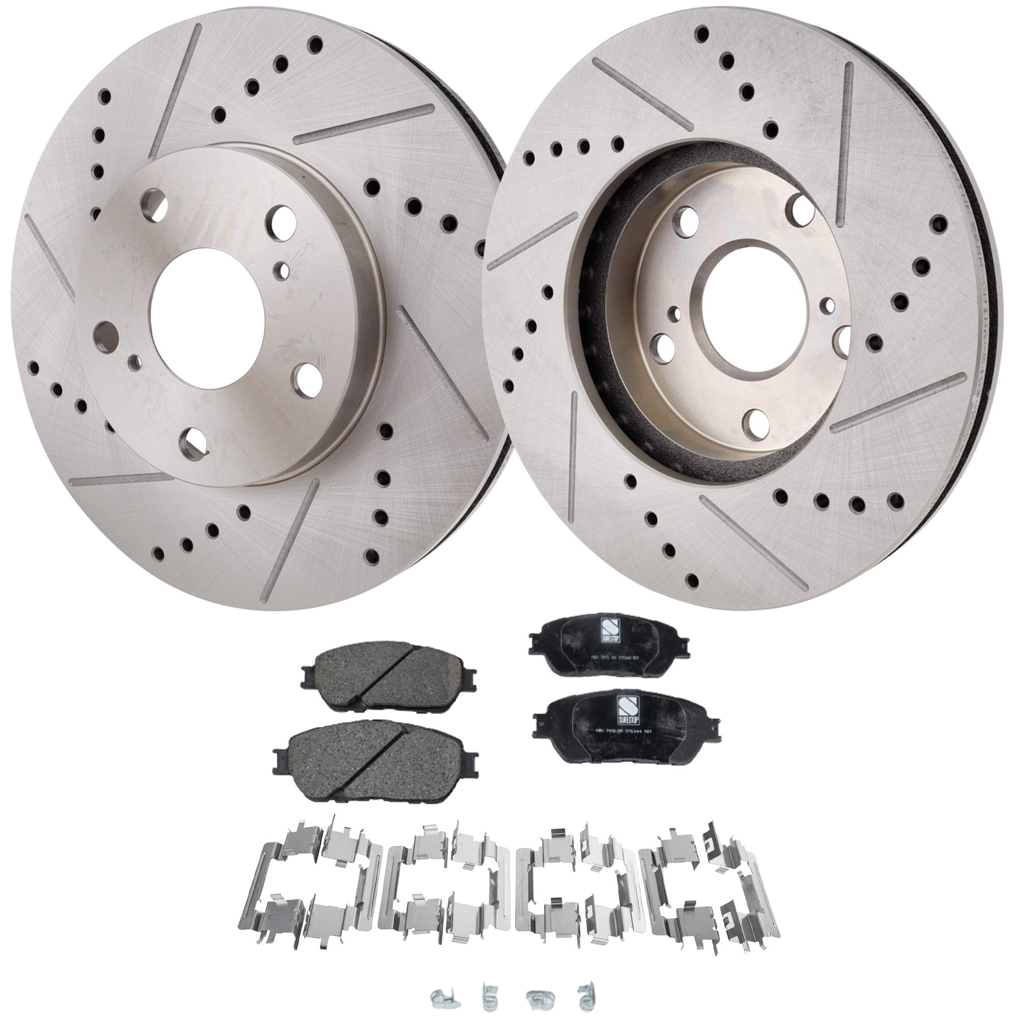 AM CAMRY 05-05 FRONT BRAKE DISC AND PAD KIT 4 pc Kit Cross drilled and Slotted Ceramic SKU KIT 051223-82 OEM 368-19784-19949-25358-3105