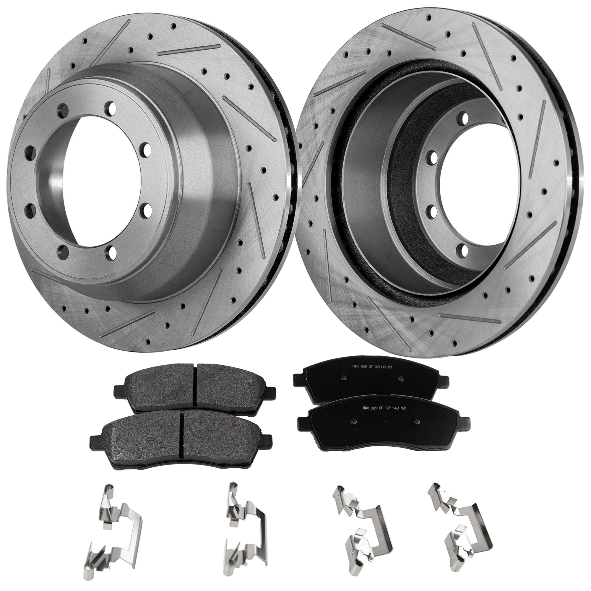 AM F 350 SUPER DUTY 99-04 REAR BRAKE DISC AND PAD KIT 4 pc Kit Cross drilled and Slotted SKU KIT 051223-96 OEM 54084-102023-145280-1066824-52