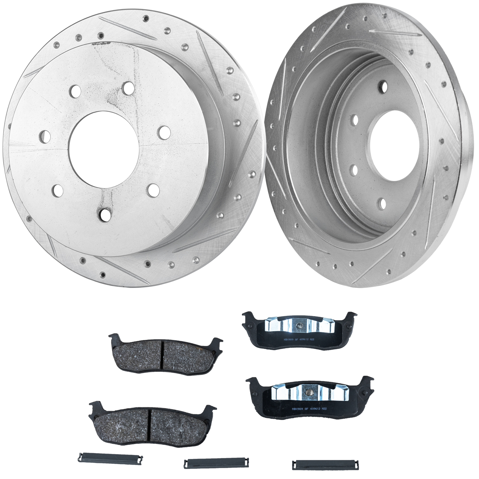 AM F 150-00-03 F 150 HERITAGE 04-04 F 250-98-99 REAR BRAKE DISC AND PAD KIT 2 Wheel Set Cross drilled and Slotted SKU KIT 051223-97 OEM 27295-54043-66671-86671-102566