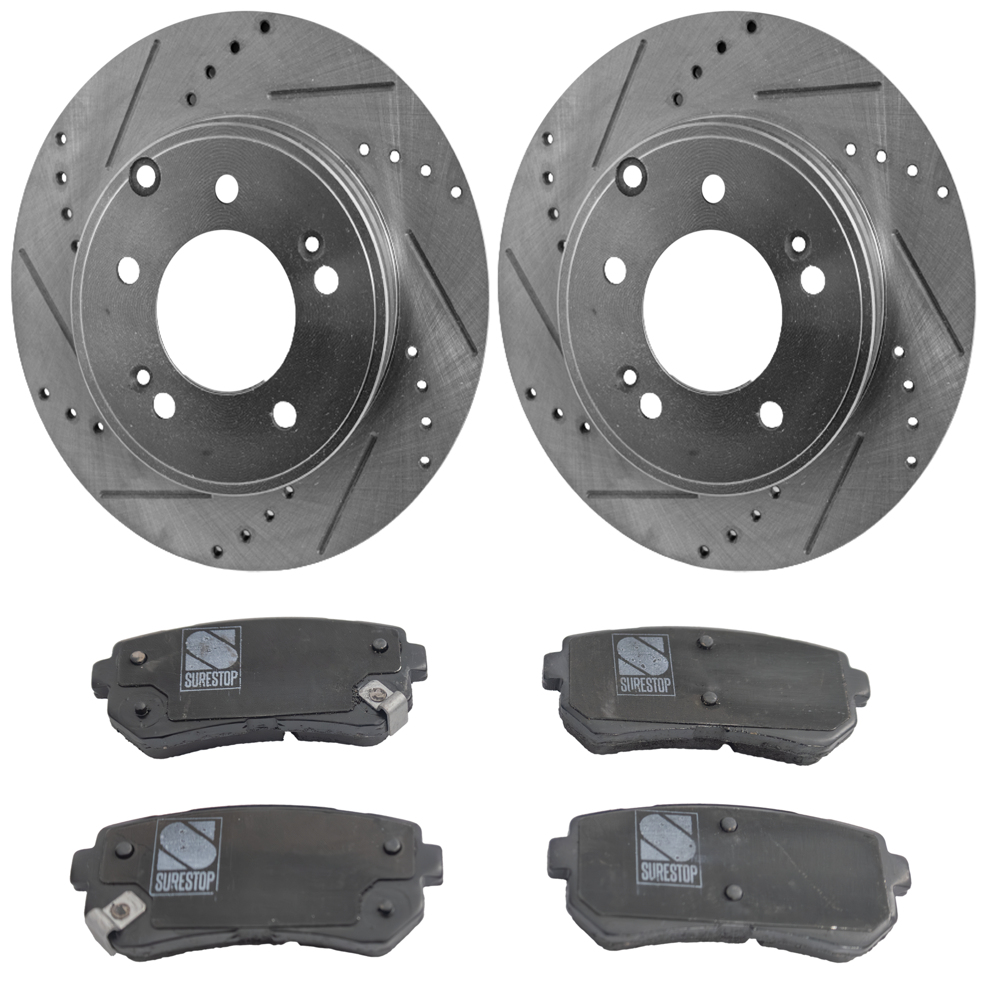 AM OPTIMA 16-20 SONATA 15-19 REAR BRAKE DISC AND PAD KIT 4 pc Kit Cross drilled and Slotted SKU KIT 051223-98 OEM 31424-31586-44625-0833180-9804