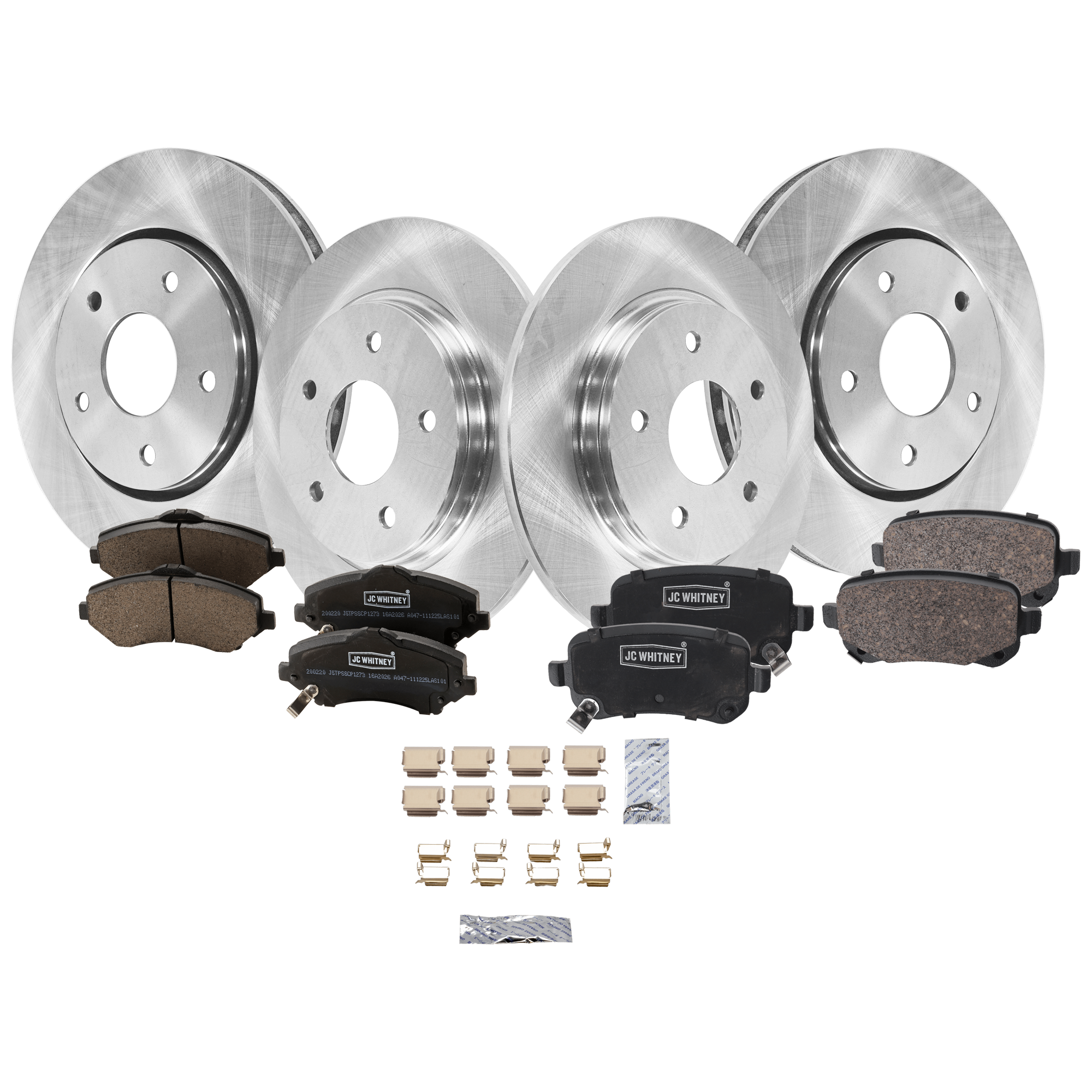 AM GRAND CARAVAN TOWN COUNTRY 08-12 FRONT AND REAR BRAKE DISC AND PAD KIT 4 Wheel Set SKU KIT 051626-142 OEM 4721677AA 4721996AA 7B0615601A