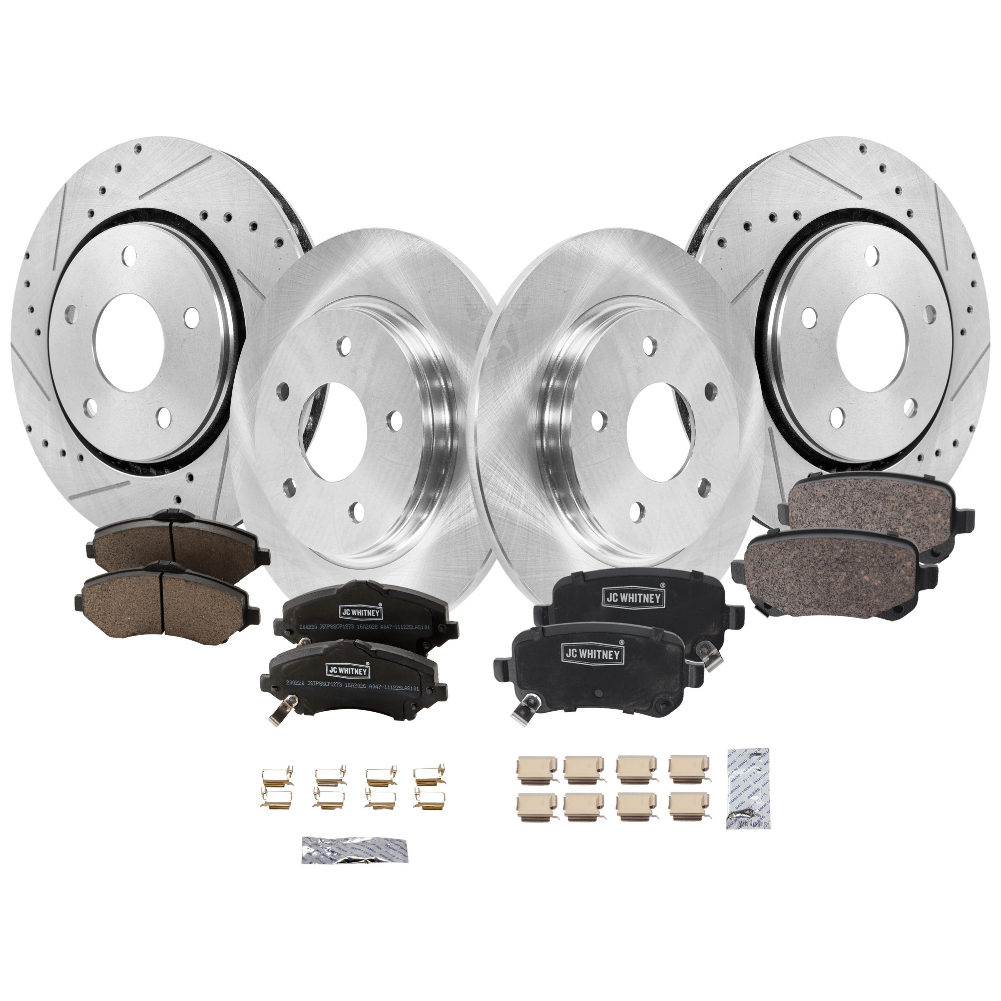AM GRAND CARAVAN TOWN COUNTRY 08-12 FRONT AND REAR BRAKE DISC AND PAD KIT 4 Wheel Set SKU KIT 051626-144 OEM 4721677AA 4721996AA 7B0615601A