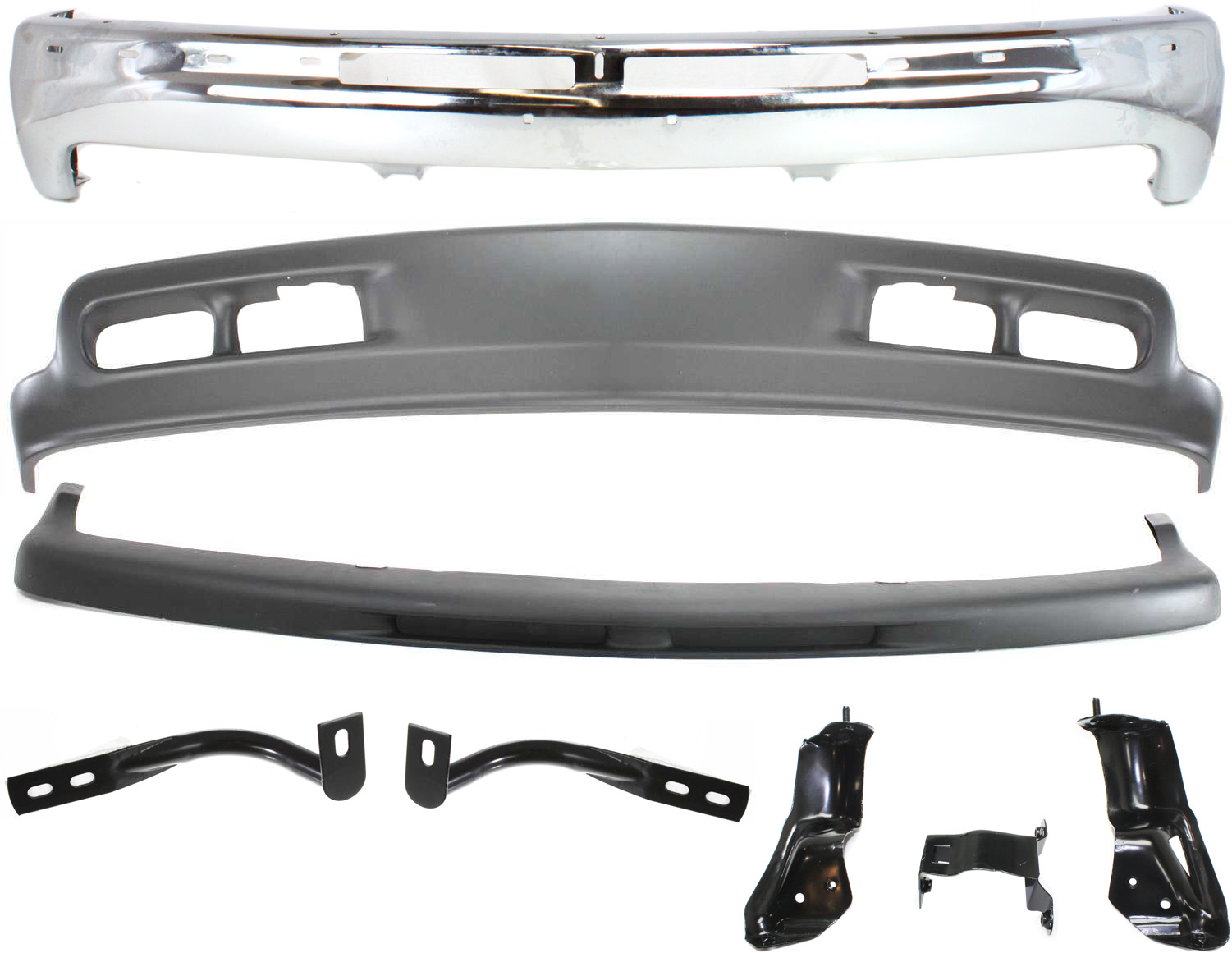 AM SUBURBAN 1500-00-04 TAHOE 00-06 FRONT BUMPER 8 pc Kit Chrome w Bumper Brackets Bumper Trim and Valance SKU KIT 051817-03 Partslink GM1002376 GM1066129 GM1067129 GM1061102 GM1051103 GM1092167 OEM 12336026-15705657-15705658 Per