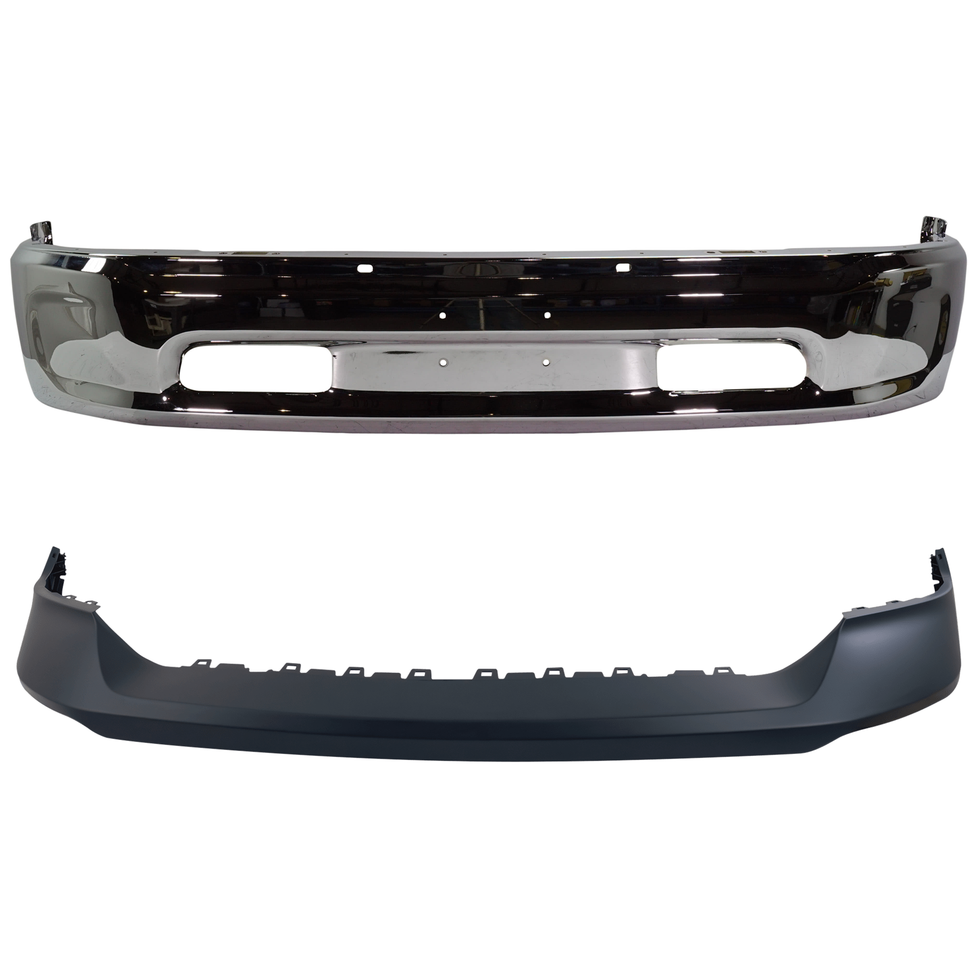 AM RAM 1500-13-18 FRONT BUMPER 2 pc kit Upper Lower Chrome 2 Piece Bumper Type without Fog Light Holes with Bumper Cover Includes 19-24-1500 Classic SKU KIT 051824-01 Partslink CH1002397 CH1014108 OEM 68160855AC 68197697AA