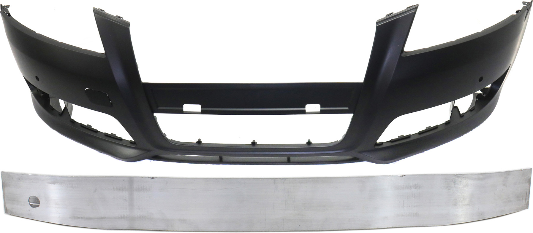 AM A3-09-13 FRONT BUMPER COVER 2 pc Kit with Bumper Reinforcement Primed w o Sport Pkg w o HLW Holes w Parking Aid Snsr Holes SKU KIT 052017-12 Partslink AU1000223 AU1006124 OEM 8P0807105GGRU 8P4807113C