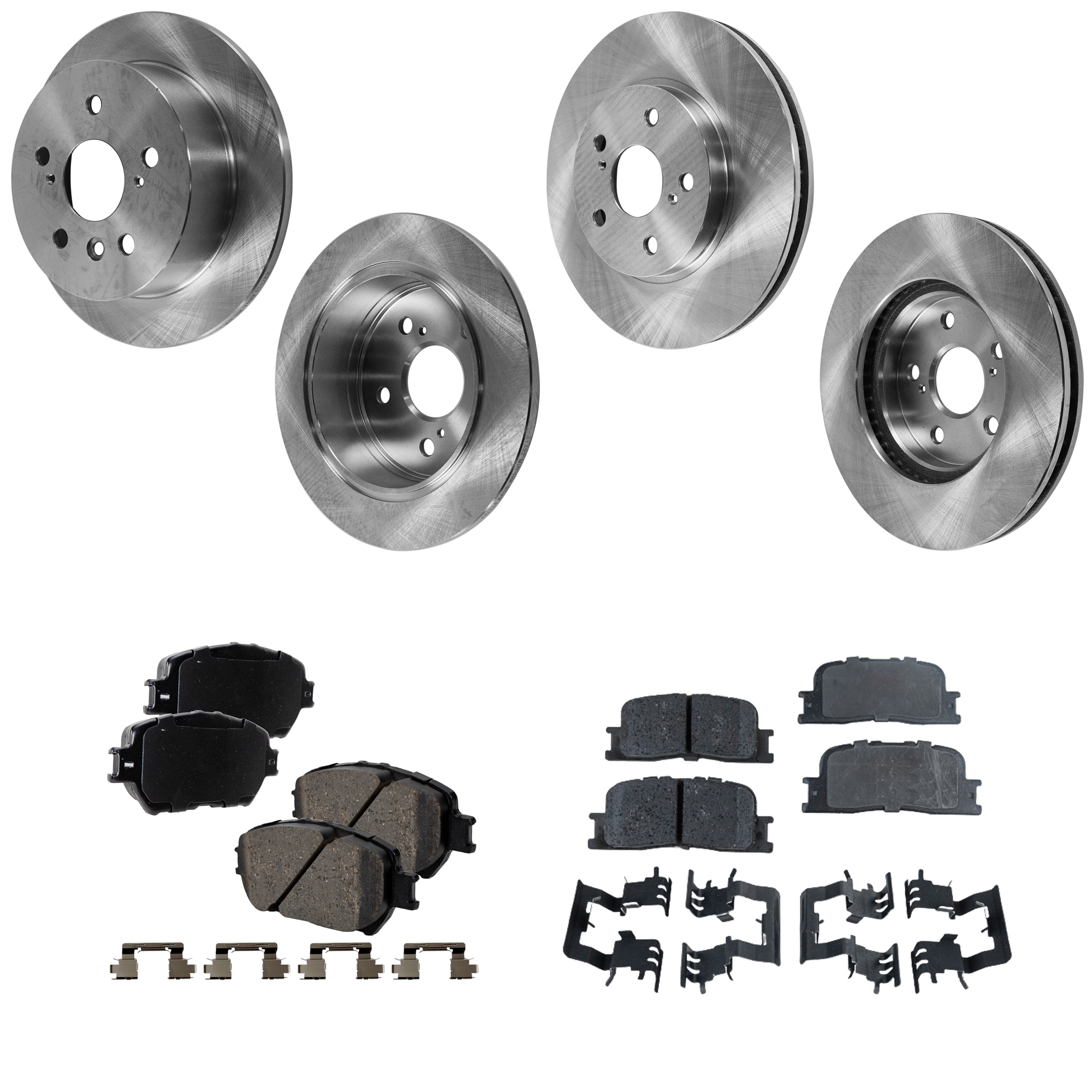 AM CAMRY 02-05 FRONT AND REAR BRAKE DISC AND PAD KIT 4 Wheel Set Plain Surface 5 Lugs Cast Iron Ceramic SKU KIT 052023-02 OEM 4243133100-4243106050-42431060
