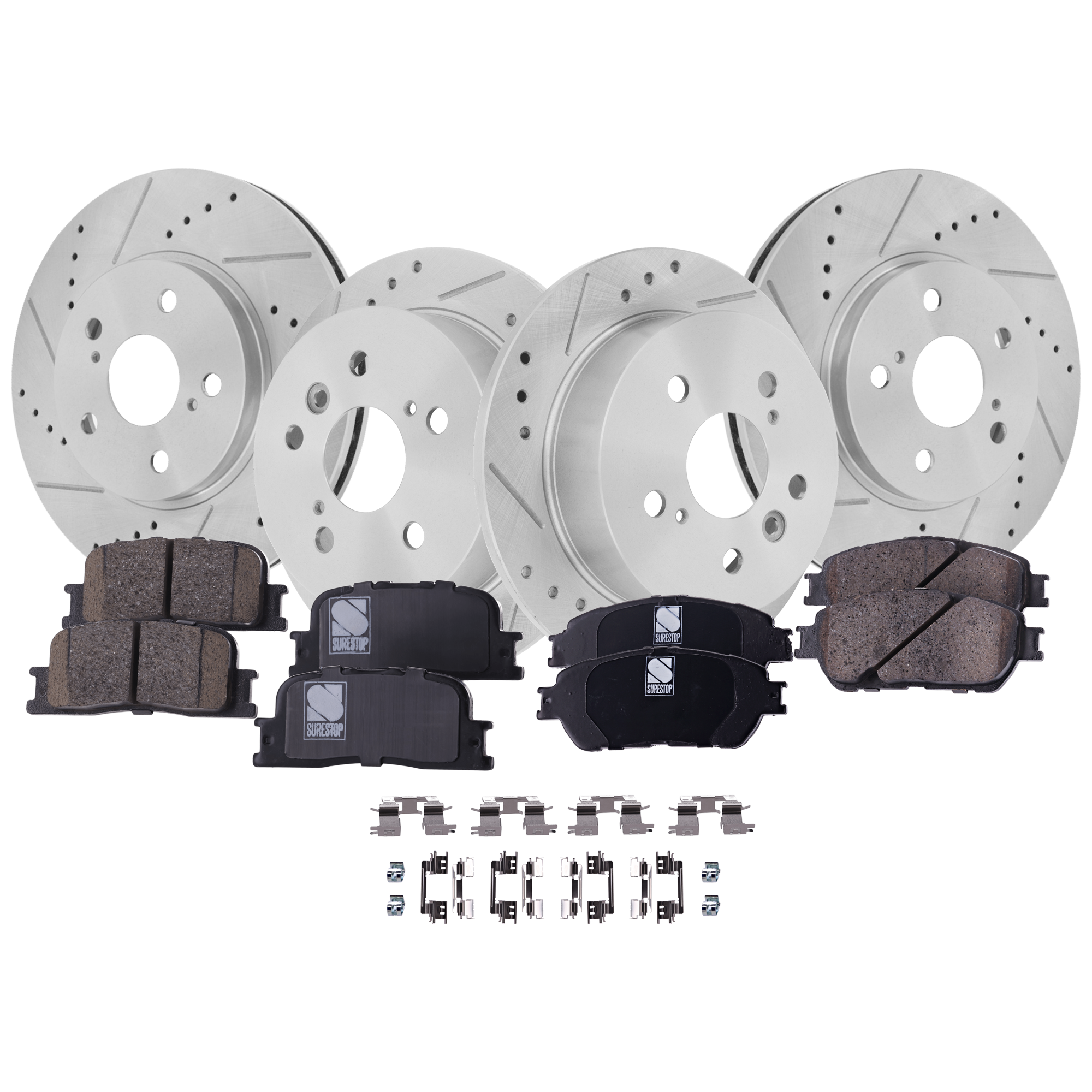 AM CAMRY 05-06 ES300-02-02 FRONT AND REAR BRAKE DISC AND PAD KIT 4 Wheel Set Cross drilled and Slotted Ceramic SKU KIT 052023-04 OEM 19380-31314-31451-44627-145471