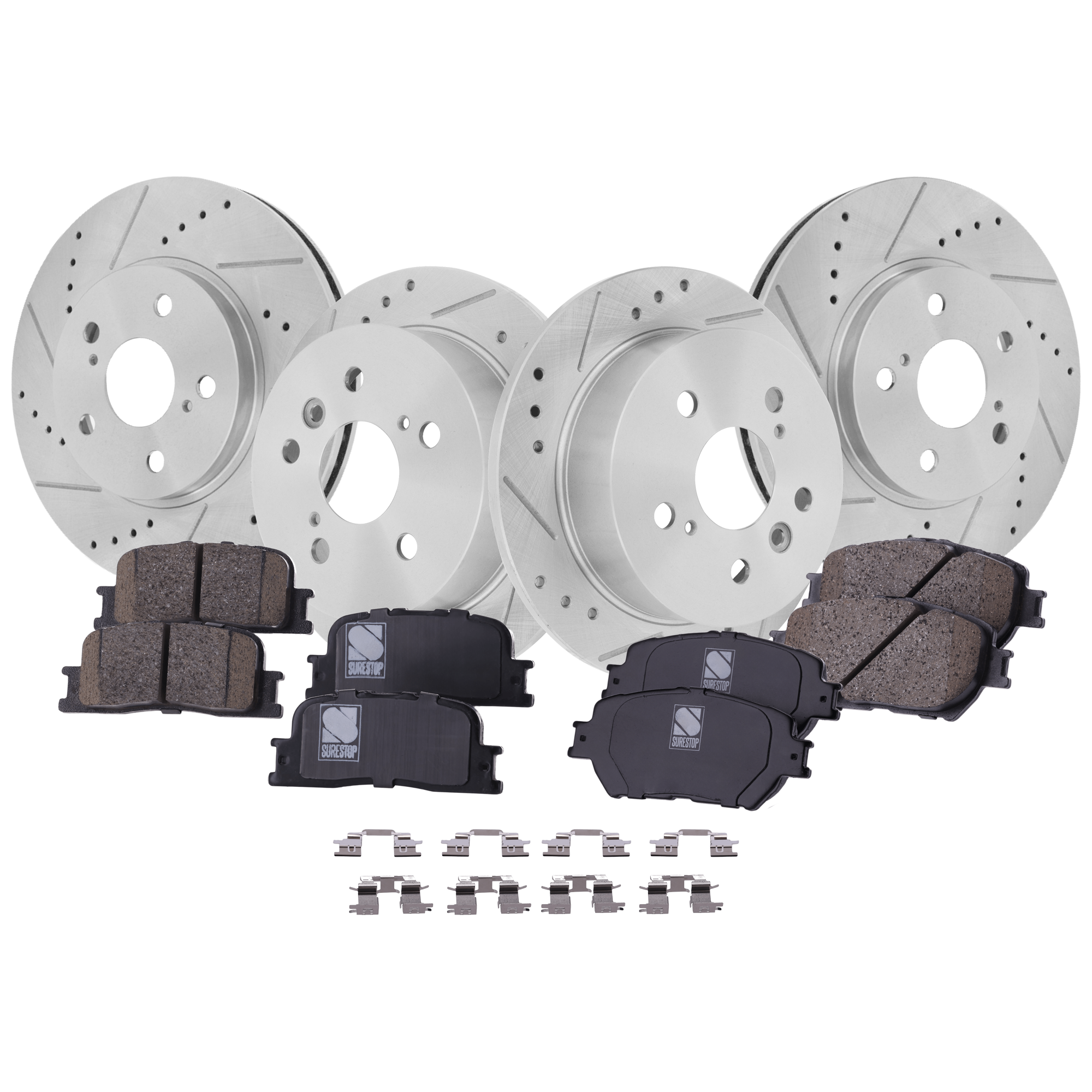AM CAMRY 02-05 FRONT AND REAR BRAKE DISC AND PAD KIT 4 Wheel Set Cross drilled and Slotted Ceramic SKU KIT 052023-05 OEM 19380-31314-31451-44627-145471
