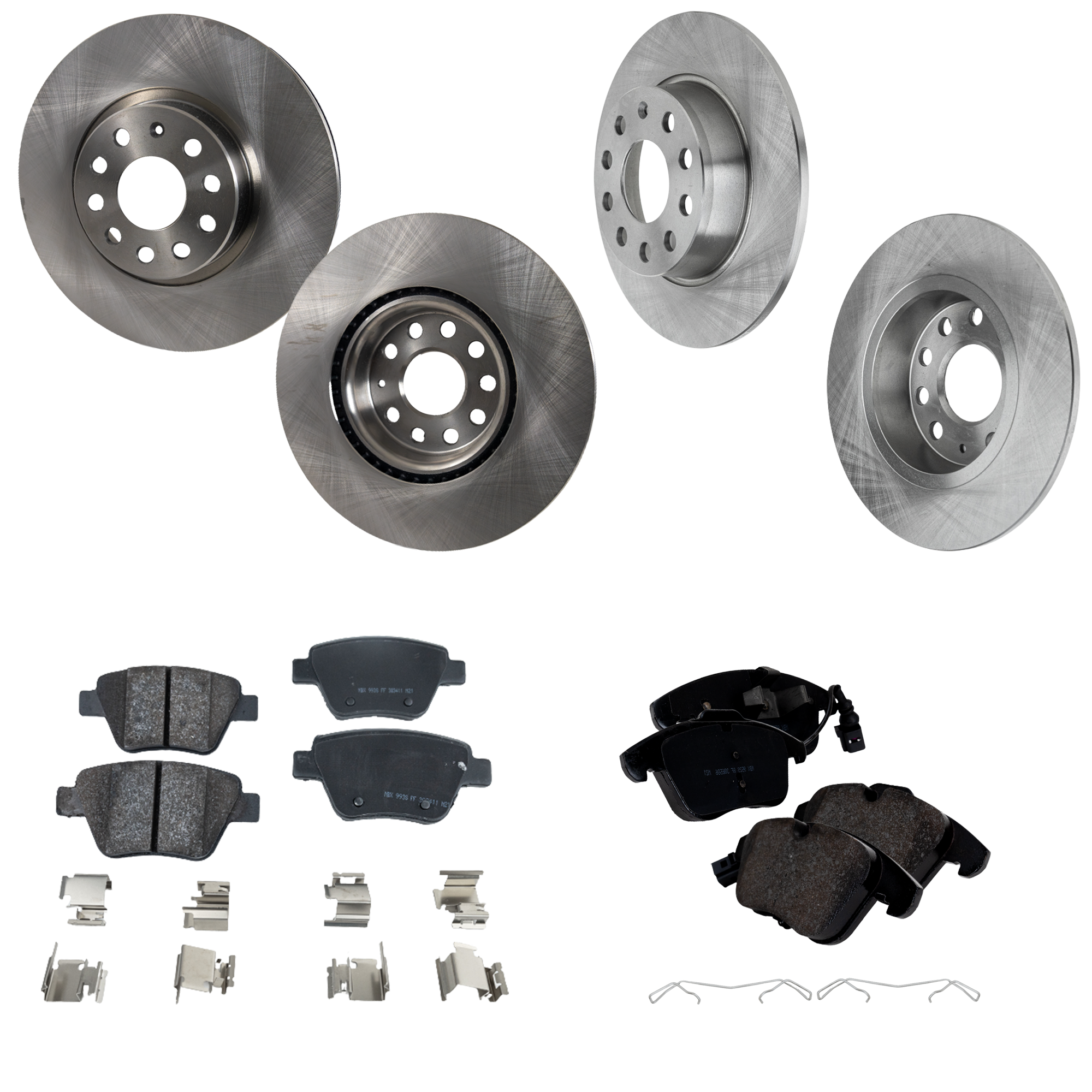 AM PASSAT 12-14 FRONT AND REAR BRAKE DISC AND PAD KIT 4 Wheel Set Plain Surface 9 Lugs Cast Iron Non Asbestos Organic SKU KIT 052023-12 OEM 1K0615601AA 1K0615301AA 5N0698