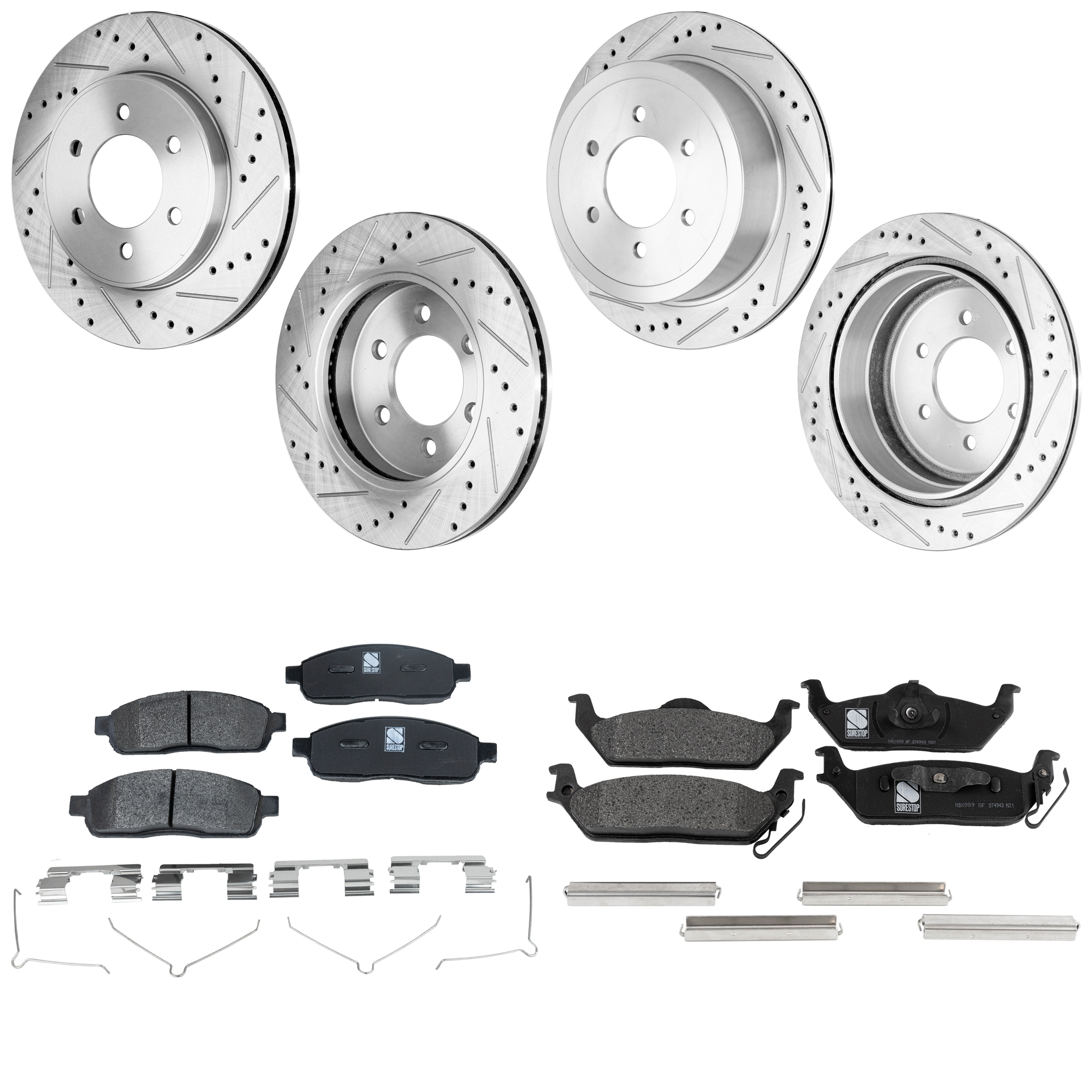 AM F 150-04-08 MARK LT 06-08 FRONT AND REAR BRAKE DISC AND PAD KIT 4 Wheel Set Cross drilled and Slotted 6 Lugs Cast Iron Ceramic SKU KIT 052023-39 OEM 19347-54111-145521-492535-6801
