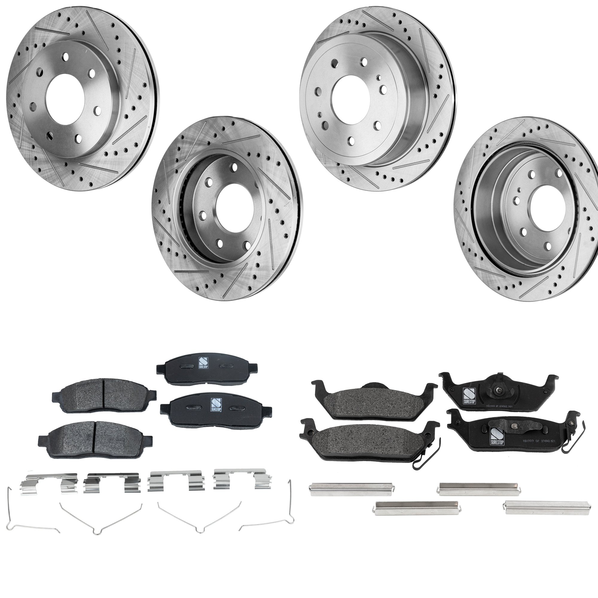 AM F 150-04-08 MARK LT 06-08 FRONT AND REAR BRAKE DISC AND PAD KIT 4 Wheel Set Cross drilled and Slotted 7 Lugs Cast Iron Ceramic SKU KIT 052023-42 OEM 54112-145522-492585-48880183-6