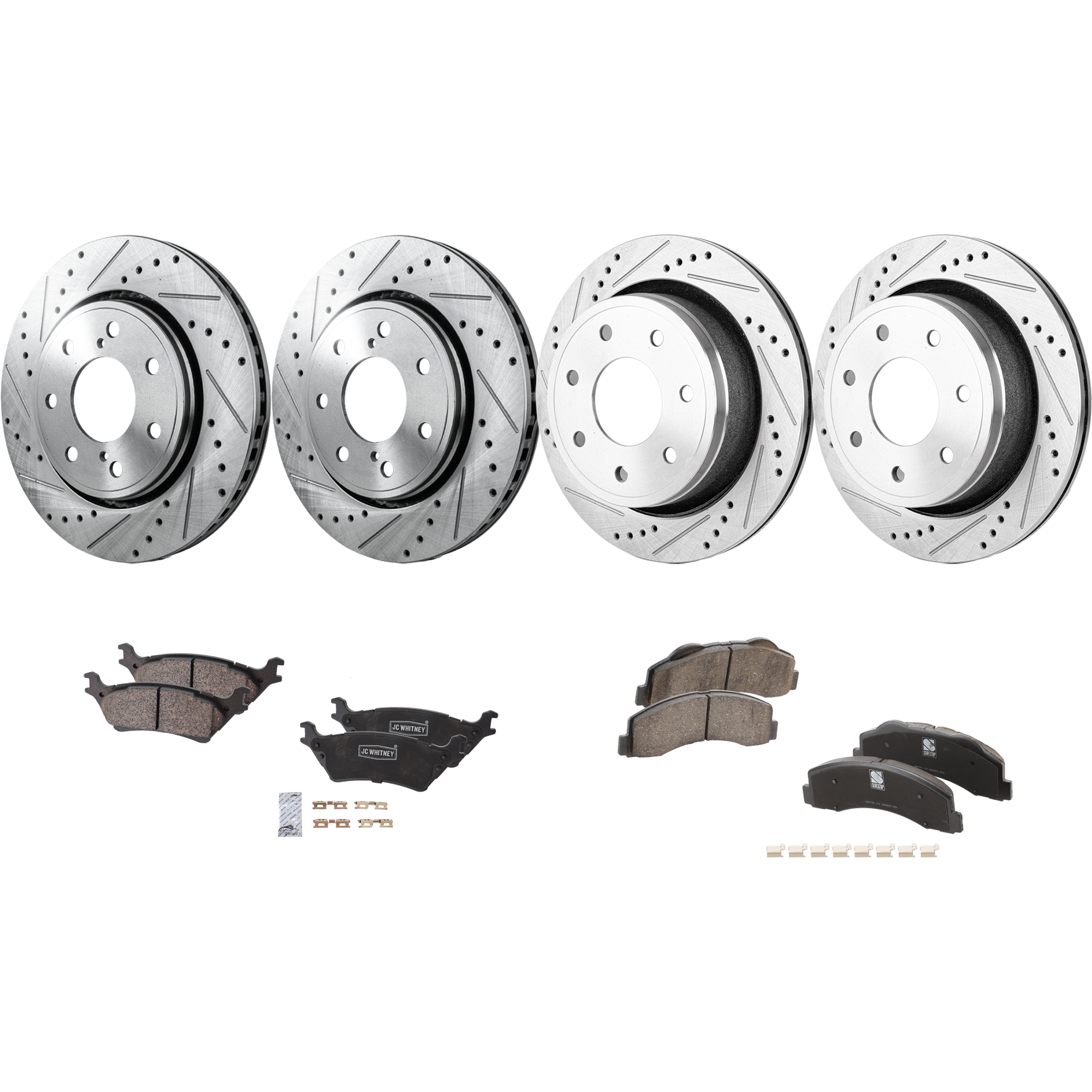 AM F 150-12-14 FRONT AND REAR BRAKE DISC AND PAD KIT 8 pc Kit Cross drilled and Slotted 7 Lugs Ceramic SKU KIT 052023-61 OEM 42275-54173-850190-900848-6005