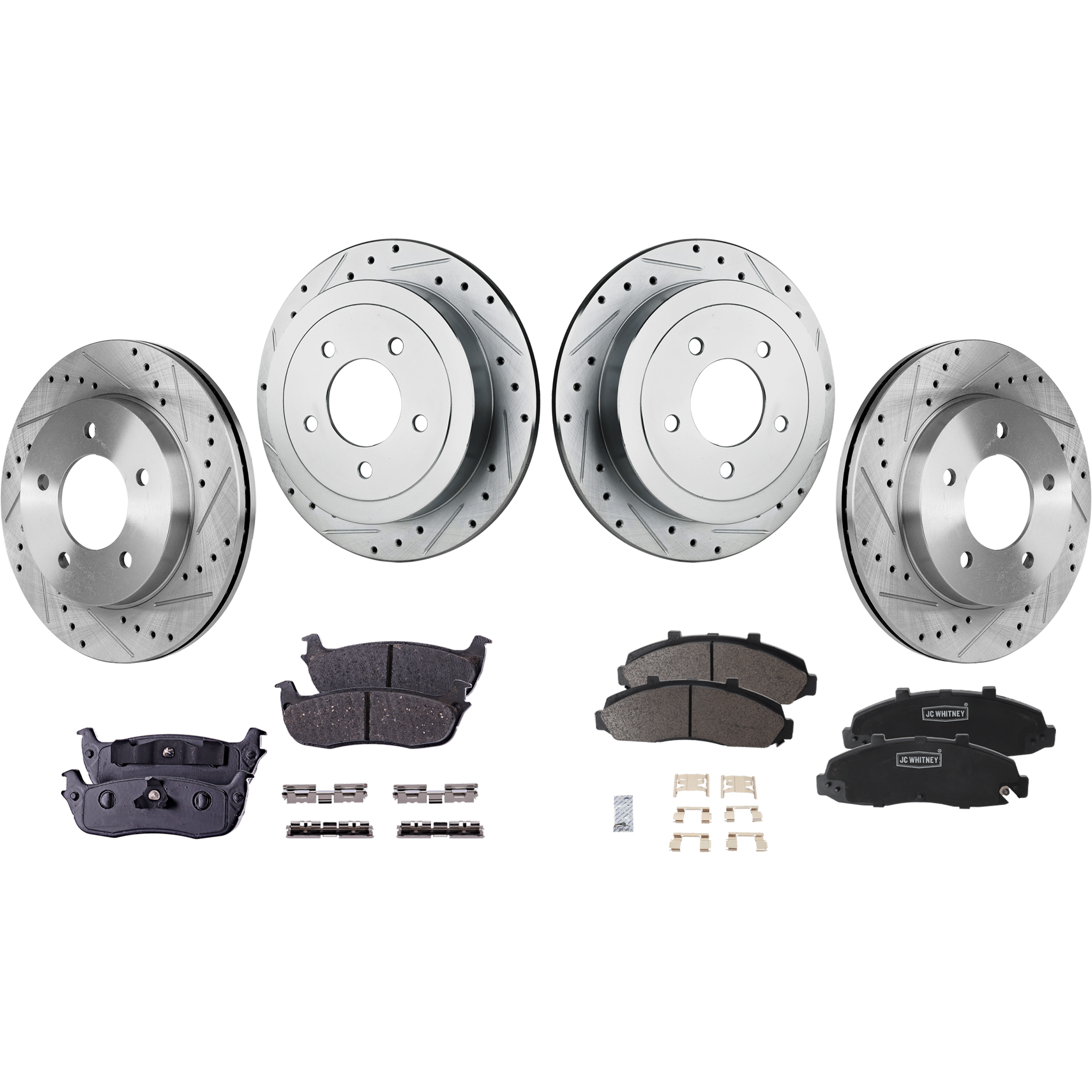 AM F 150-00-03 F 150 HERITAGE 04-04 FRONT AND REAR BRAKE DISC AND PAD KIT 4 Wheel Set Cross drilled and Slotted 5 Lugs Semi Metallic SKU KIT 052023-62 OEM 19773-27015-54042-65925-66630