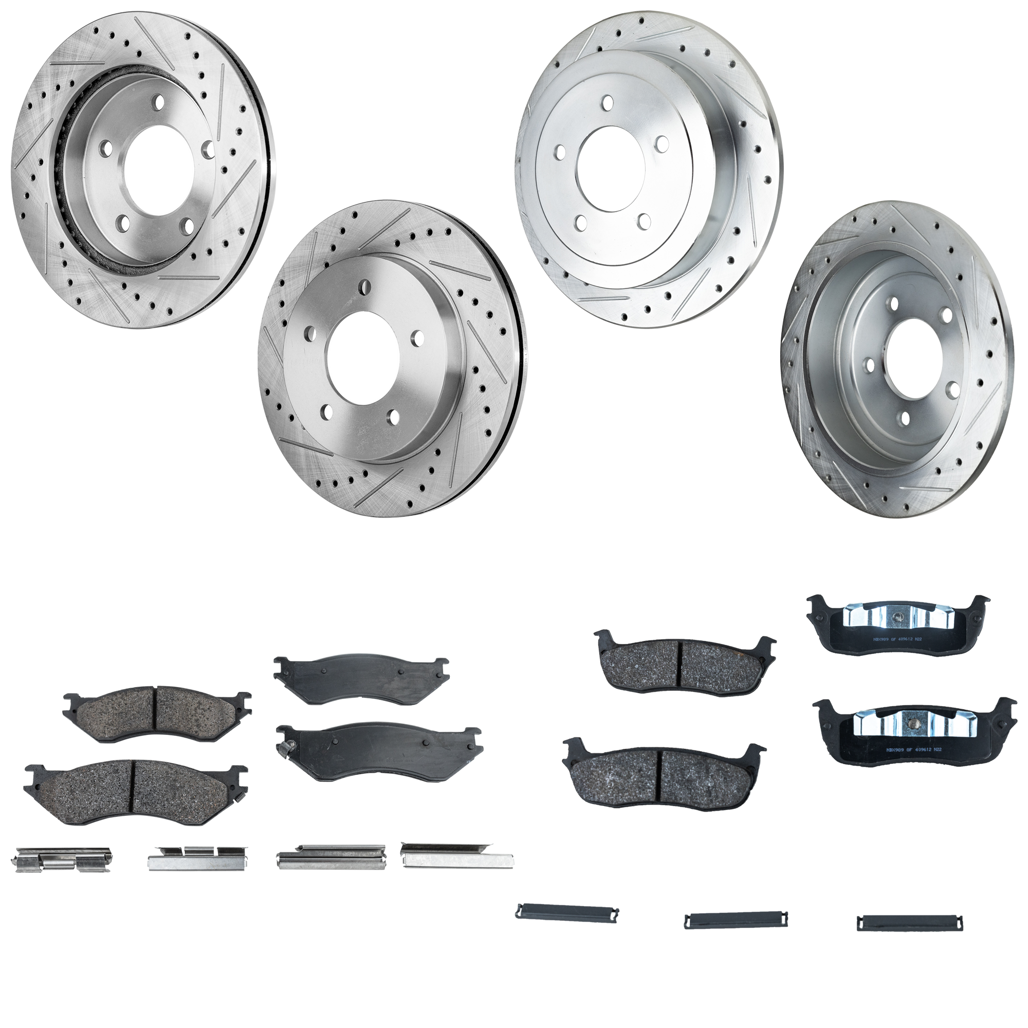 AM F 150-00-03 F 150 HERITAGE 04-04 FRONT AND REAR BRAKE DISC AND PAD KIT 4 Wheel Set Cross drilled and Slotted 5 Lugs Semi Metallic SKU KIT 052023-63 OEM 19773-27015-54042-65925-66630