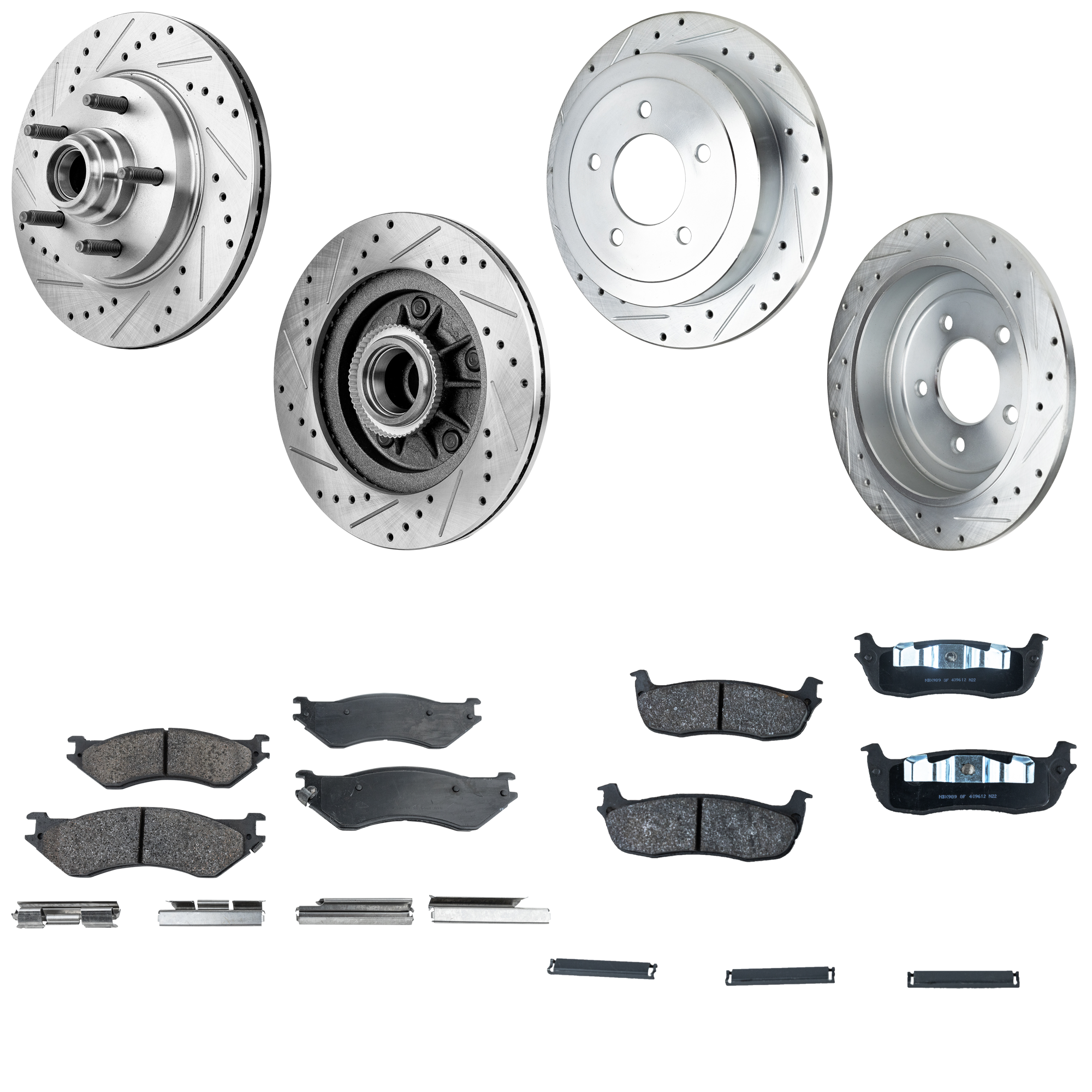 AM F 150-00-03 F 150 HERITAGE 04-04 FRONT AND REAR BRAKE DISC AND PAD KIT 8 pc Kit Cross drilled and Slotted 5 Lugs Semi Metallic SKU KIT 052023-67 OEM 19913-54092-66997-145310-49229