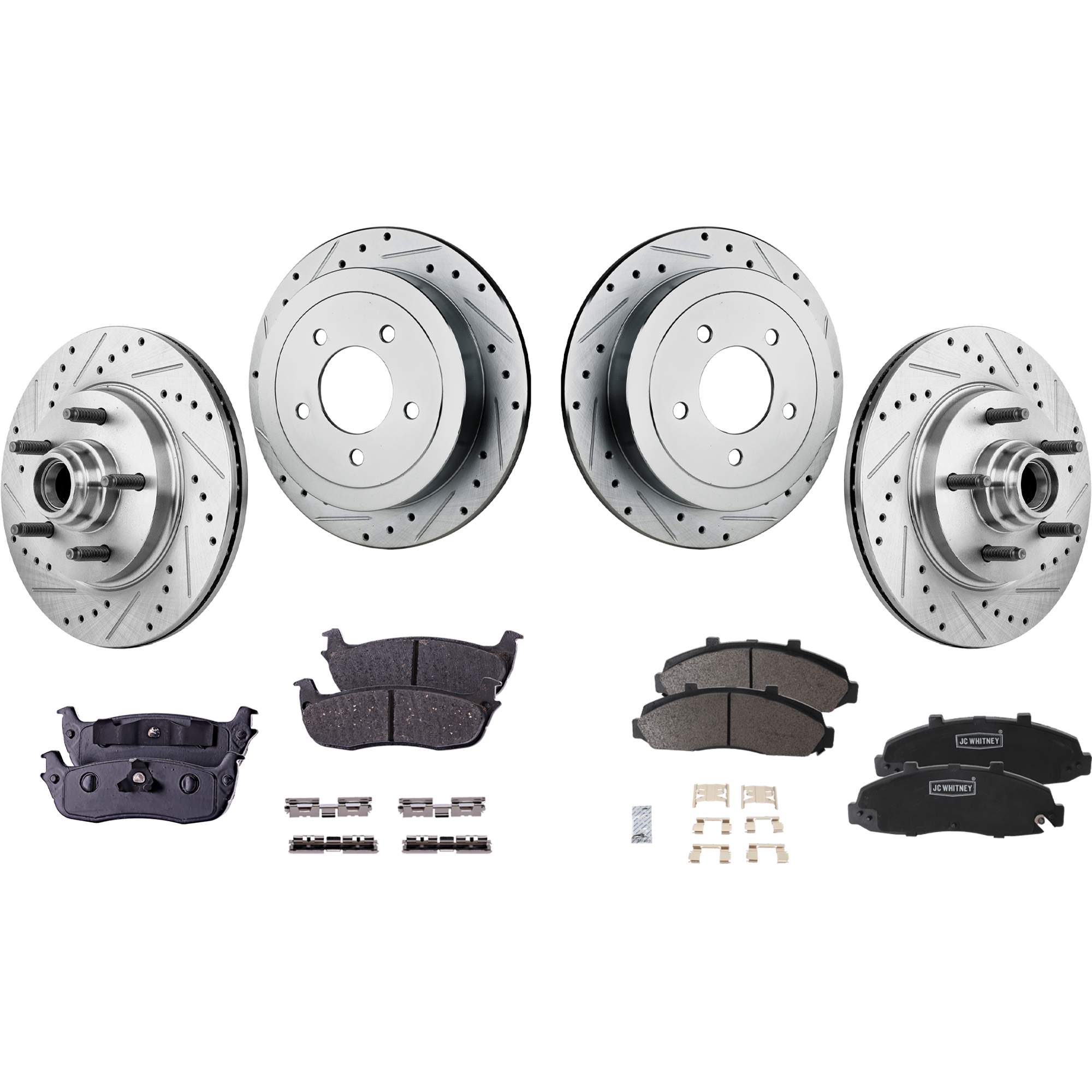 AM F 150-00-03 F 150 HERITAGE 04-04 FRONT AND REAR BRAKE DISC AND PAD KIT 4 Wheel Set Cross drilled and Slotted 5 Lugs Semi Metallic SKU KIT 052023-68 OEM 19913-54092-66997-145310-49229