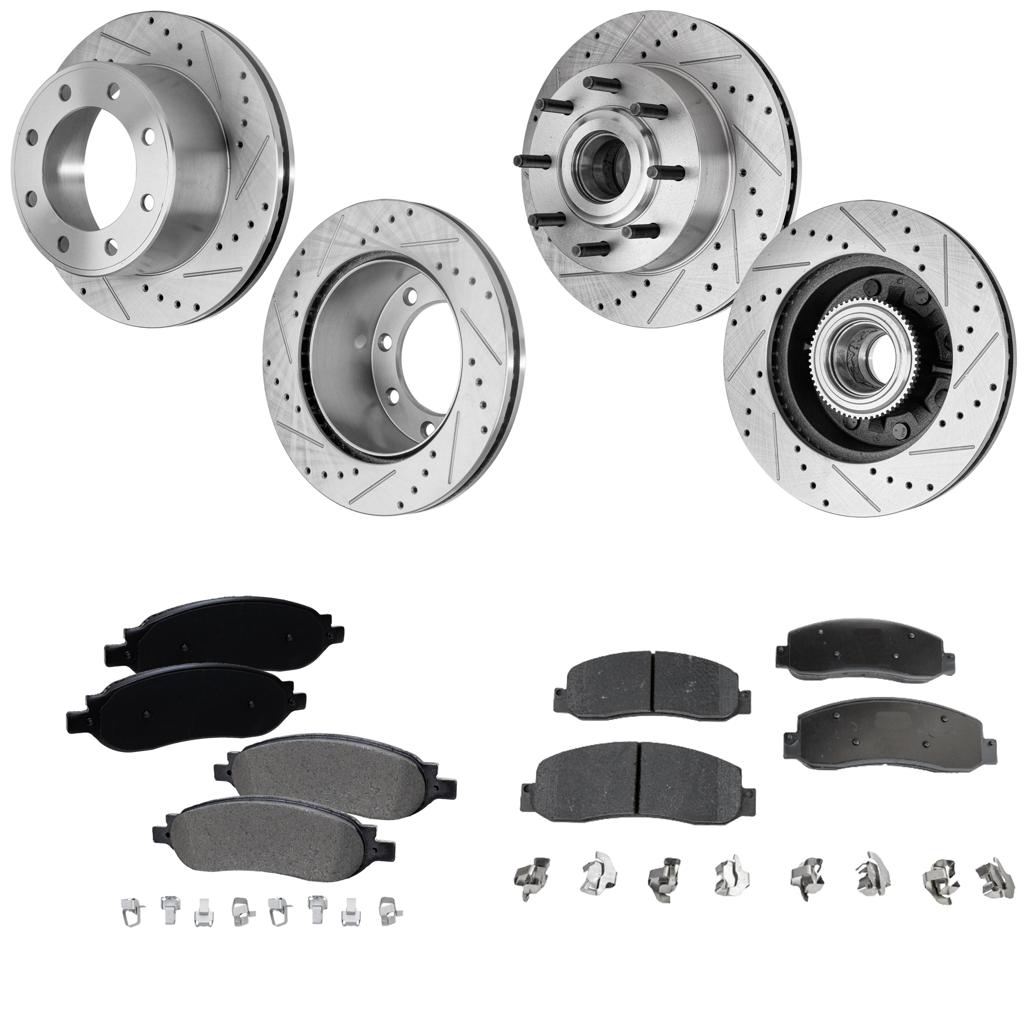 AM F 350 SUPER DUTY 07-07 FRONT AND REAR BRAKE DISC AND PAD KIT 4 Wheel Set Cross drilled and Slotted 8 Lugs Semi Metallic SKU KIT 052023-73 OEM 54141-680394-48880394-60054199