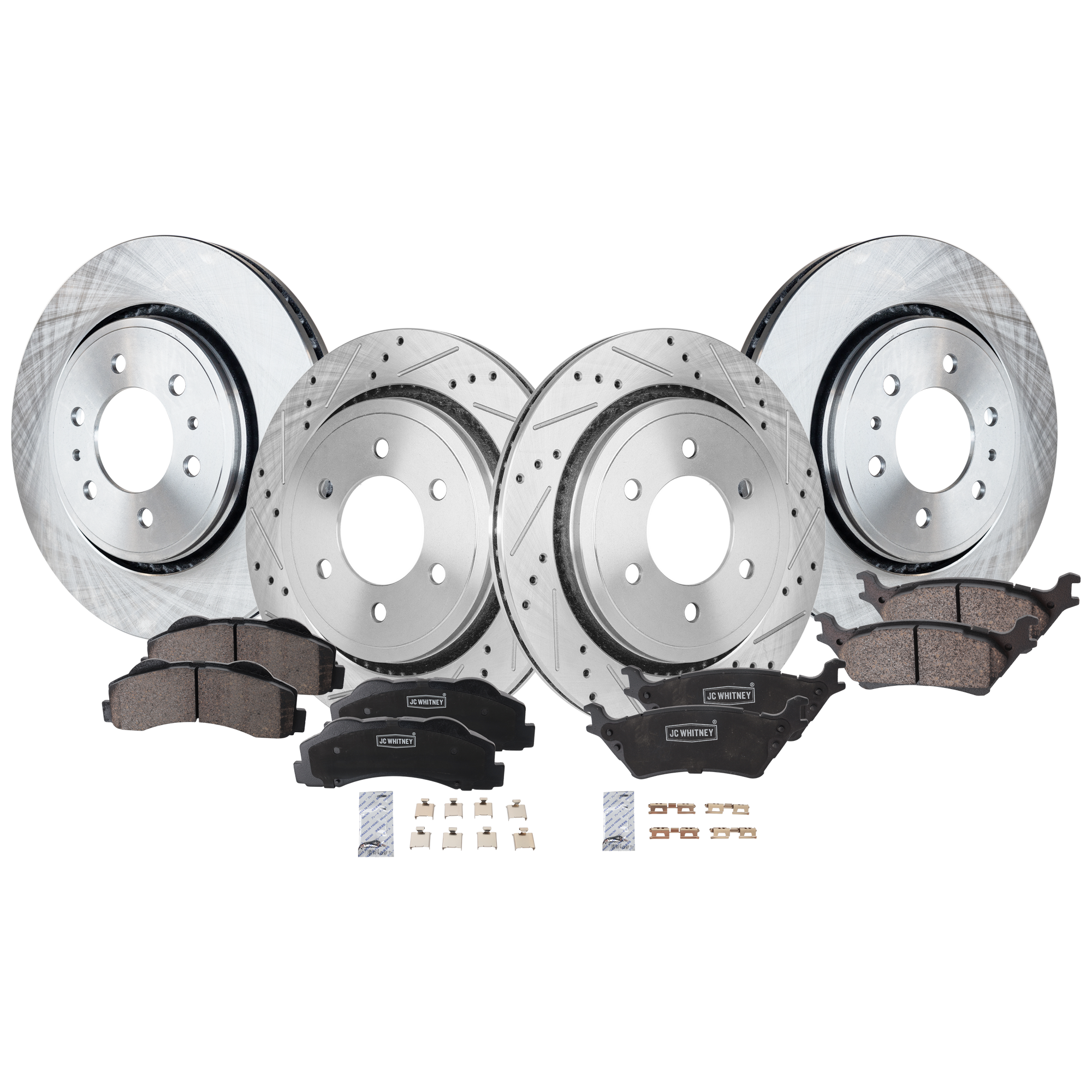 AM F 150-15-17 FRONT AND REAR BRAKE DISC AND PAD KIT 4 Wheel Set SKU KIT 052226-123 OEM 42320-75029-850390-60054231-68