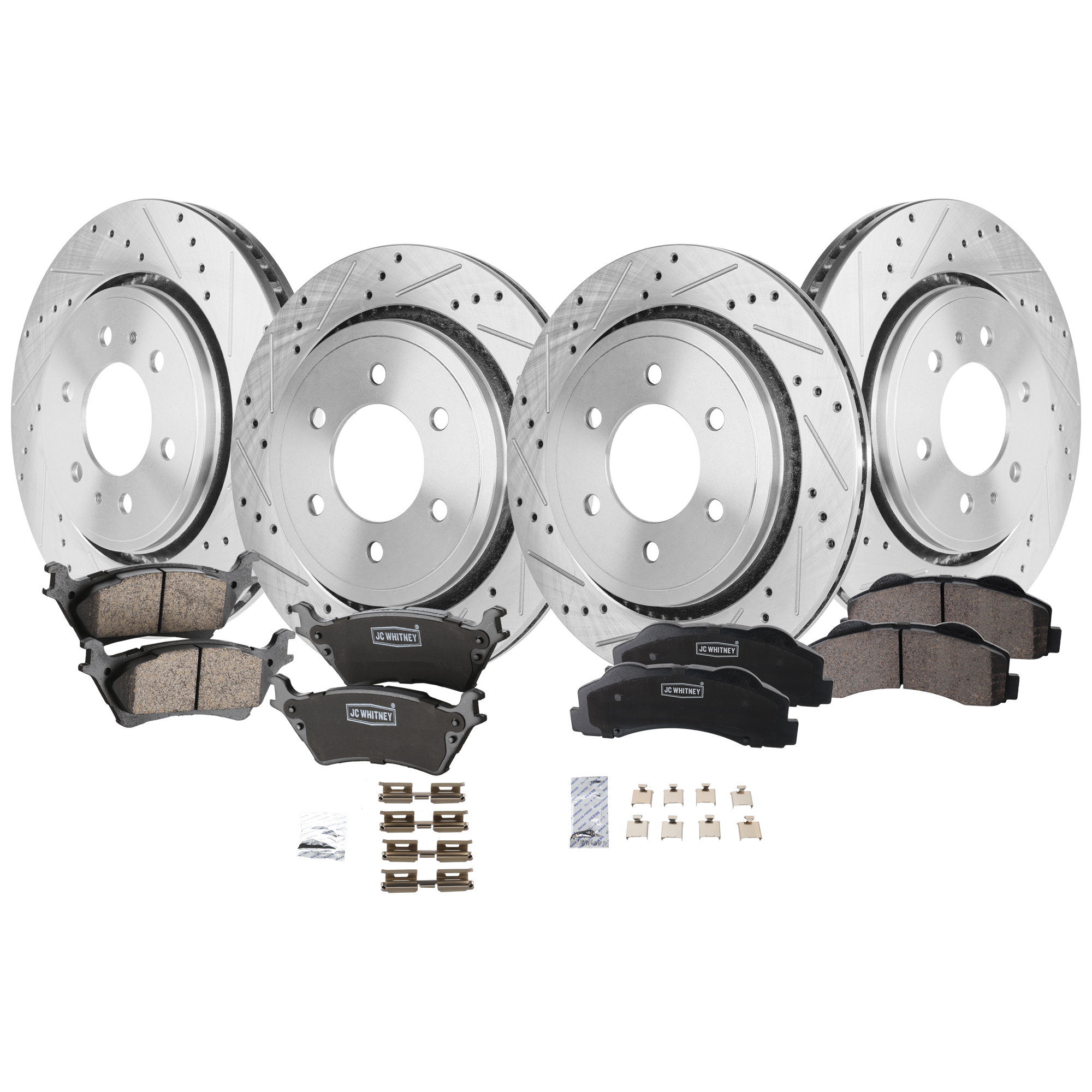 AM F 150-15-17 FRONT AND REAR BRAKE DISC AND PAD KIT 4 Wheel Set SKU KIT 052226-127 OEM 42320-75029-850390-60054231-68