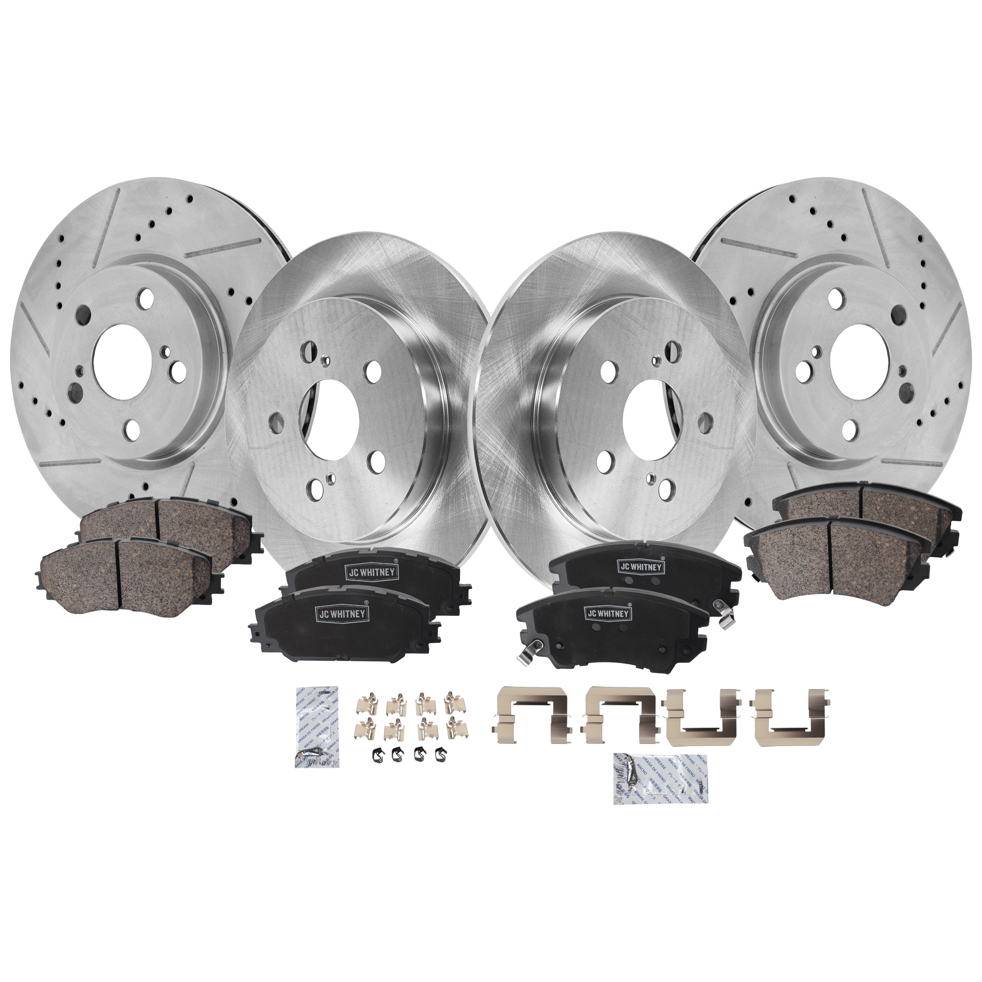 AM COROLLA 14-19 VIBE 09-10 FRONT AND REAR BRAKE DISC AND PAD KIT 4 Wheel Set SKU KIT 052226-14 OEM 4243102250-4243102200-42431123