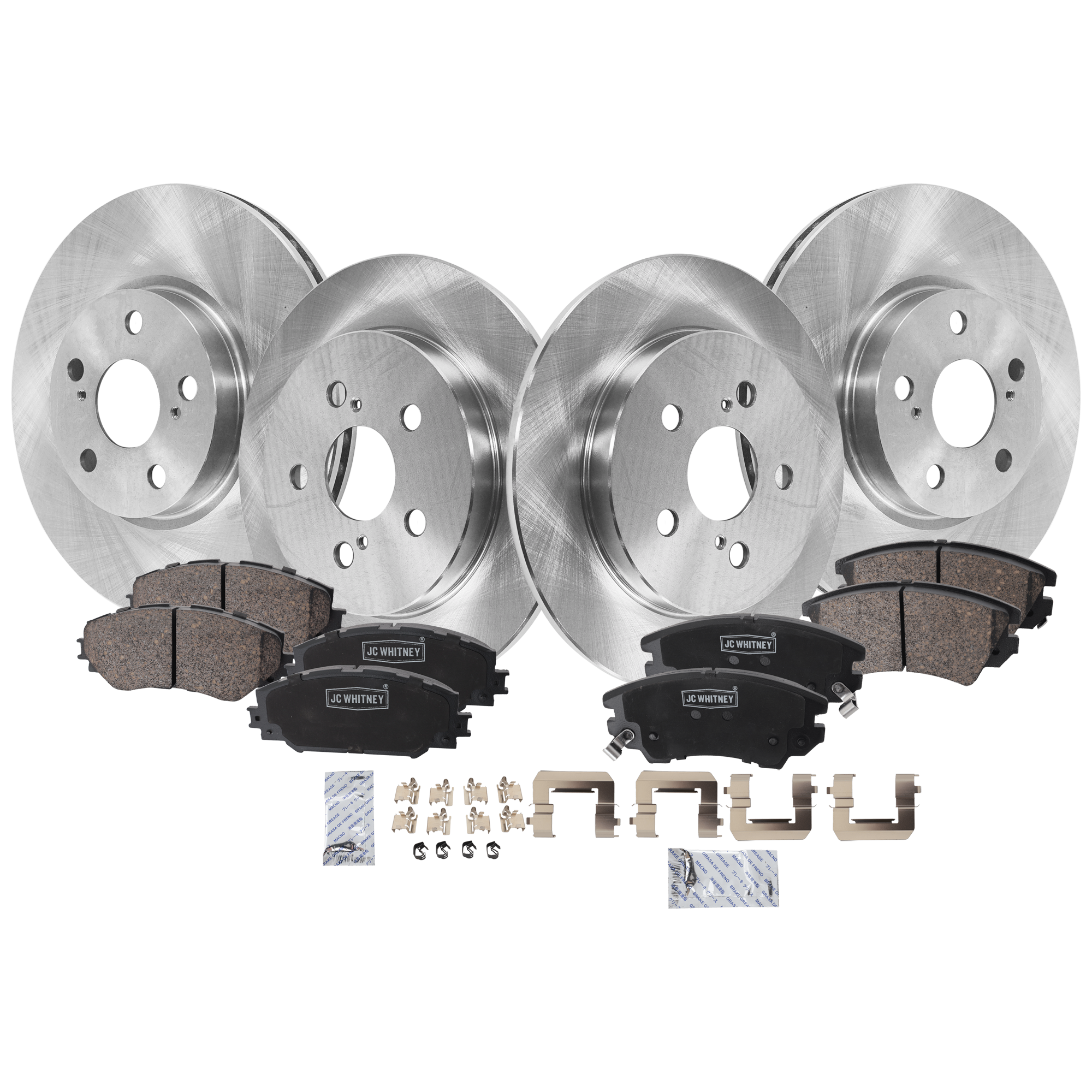 AM COROLLA 14-19 VIBE 09-10 FRONT AND REAR BRAKE DISC AND PAD KIT 4 Wheel Set SKU KIT 052226-16 OEM 4243102250-4243102200-42431123