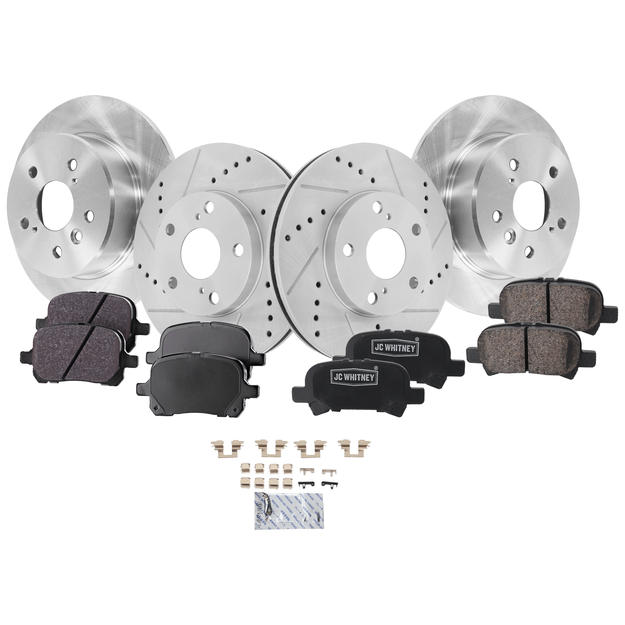 AM AVALON 00-04 ELEMENT 03-07 FRONT AND REAR BRAKE DISC AND PAD KIT 4 Wheel Set SKU KIT 052226-342 OEM 4243107030-368-19784-19949-253