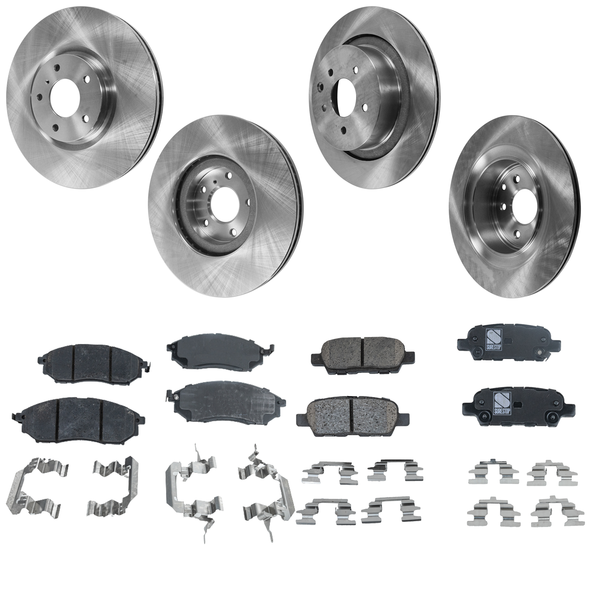 AM G37-11-11 FRONT AND REAR BRAKE DISC AND PAD KIT 4 Wheel Set Plain Surface SKU KIT 052323-35 OEM 43206JK600-40206JK600-440608H3
