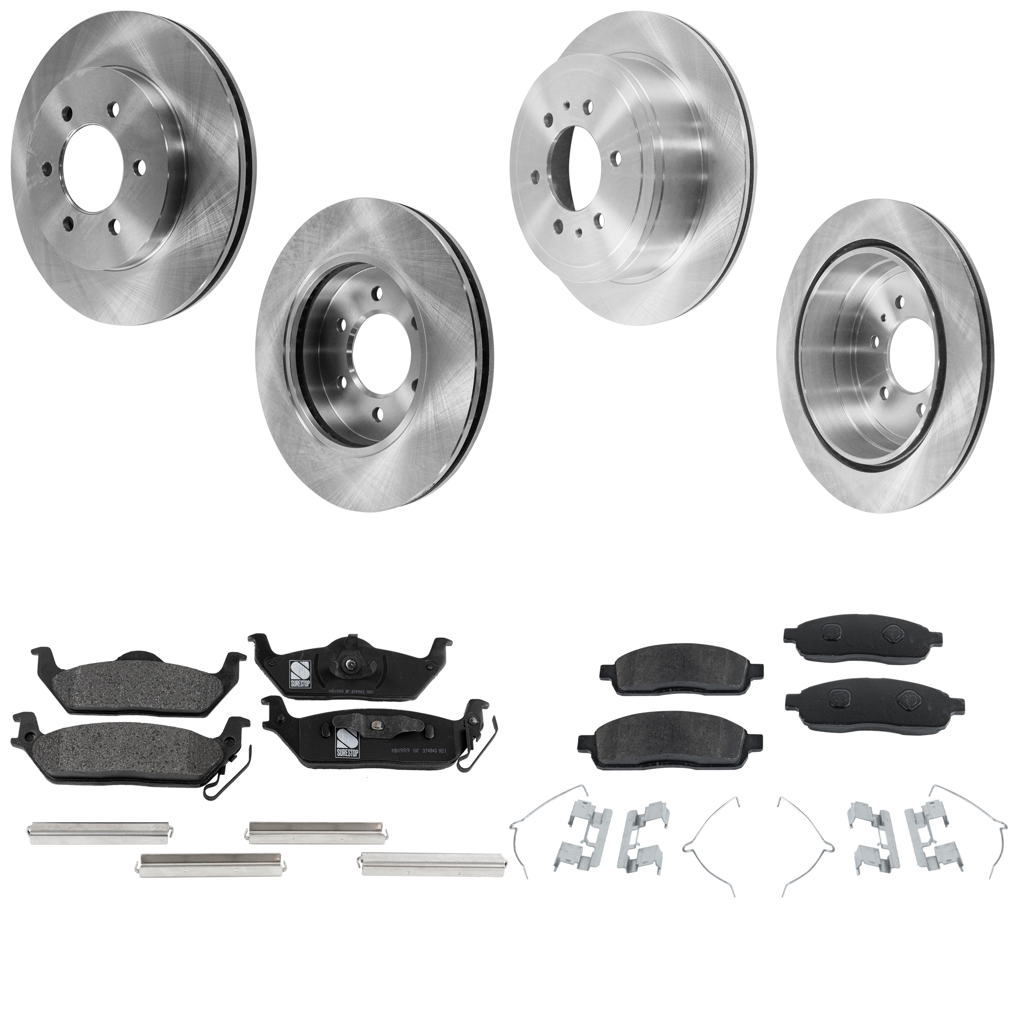 AM F 150-08-08 FRONT AND REAR BRAKE DISC AND PAD KIT 4 Wheel Set 6 Lugs SKU KIT 052323-65 OEM 4L3Z2C026AB 5L3Z2C026AA 4L3Z11