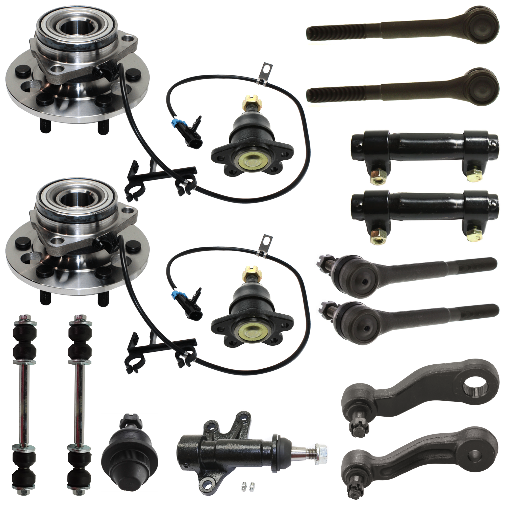 AM TAHOE YUKON 95-00 FRONT HUB ASSEMBLY RH AND LH 16 pc kit with Ball Joint Idler Arm Idler Arm Bracket Pitman Arm Sway Bar Link Tie Rod Adjusting Sleeve and Tie Rod End SKU KIT 052324 C09 OEM 515024-715024-951009-730001