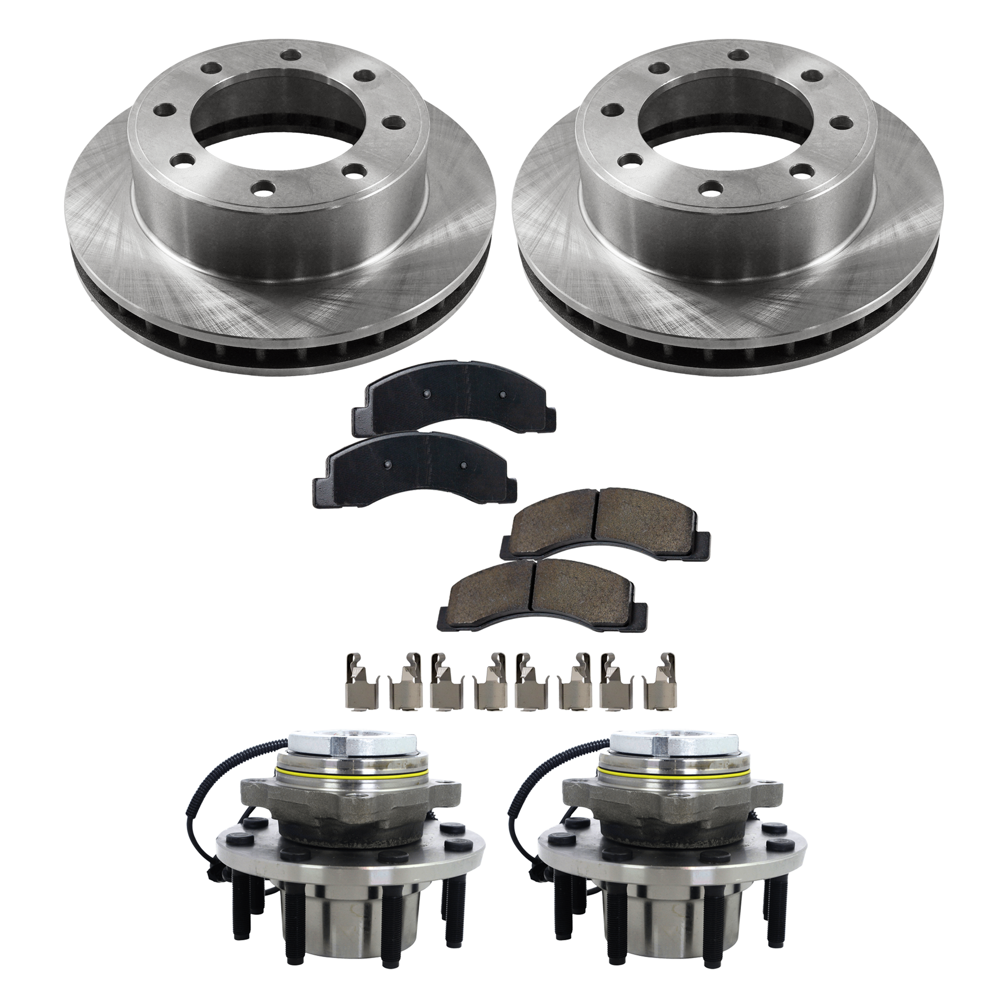 AM EXCURSION 03-05 F 250 F 350 SUPER DUTY 03-04 FRONT WHEEL HUB RH AND LH 5 pc kit 8 Studs 8 x 6.69 in. Bolt Pattern 7.99 in. Flange Diameter Fine Thread Studs with Brake Disc and Brake Pad Set SKU KIT 052324 C101 OEM 102188-715056-7250166-40265002