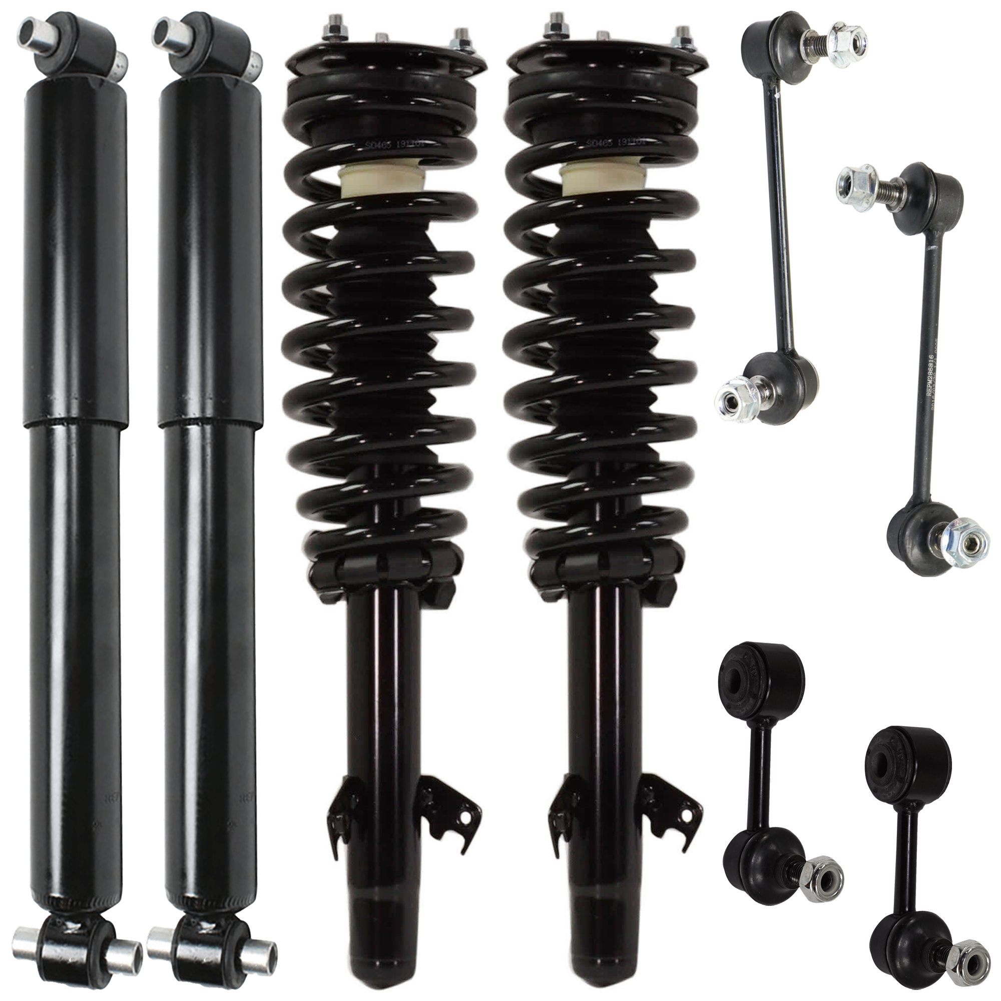 AM MAZDA 6-03-08 FRONT AND REAR SHOCK AND FULLY LOADED STRUT RH AND LH 8 pc Kit with Sway Bar Link SKU KIT 052324 C27 OEM AE5Z18125A 6E5Z18125BA GM9A349