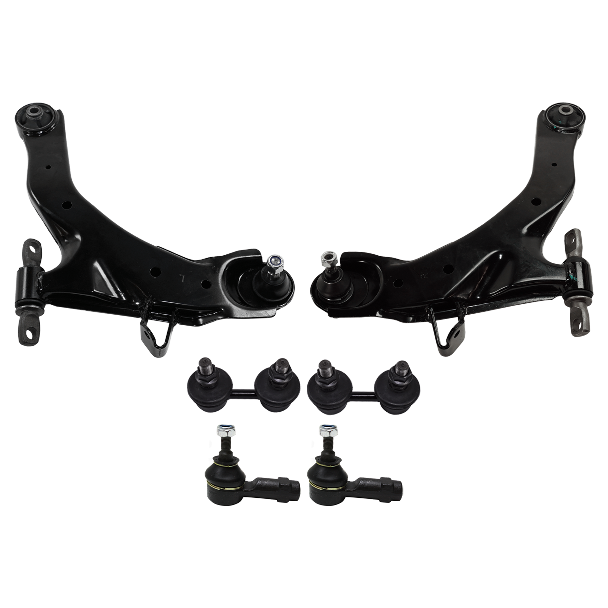 AM ELANTRA 01-06 FRONT CONTROL ARM RH AND LH Lower 6 pc kit with Sway Bar Link and Tie Rod End SKU KIT 052324 C73 OEM 545002D002-545012D002-54830345