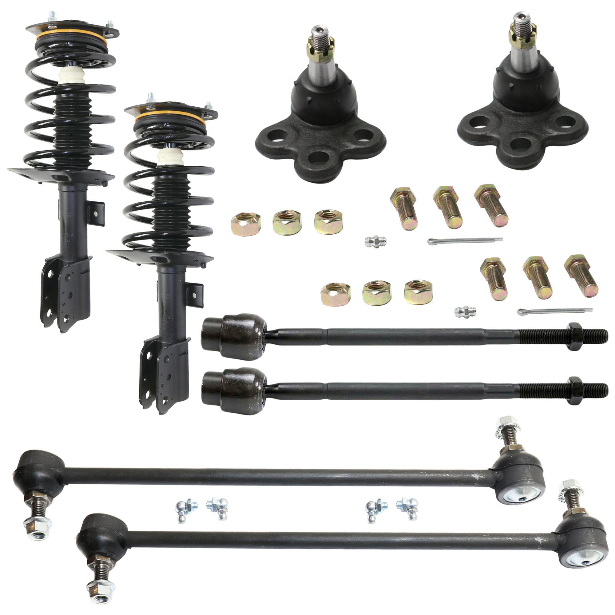 AM GRAND PRIX 04-08 FRONT FULLY LOADED STRUT RH AND LH Gas Charged Twin tube 10 pc Kit with Tie Rod End Sway Bar Link Ball Joint SKU KIT 052324 C77 OEM 88955411-88955410-104257-28