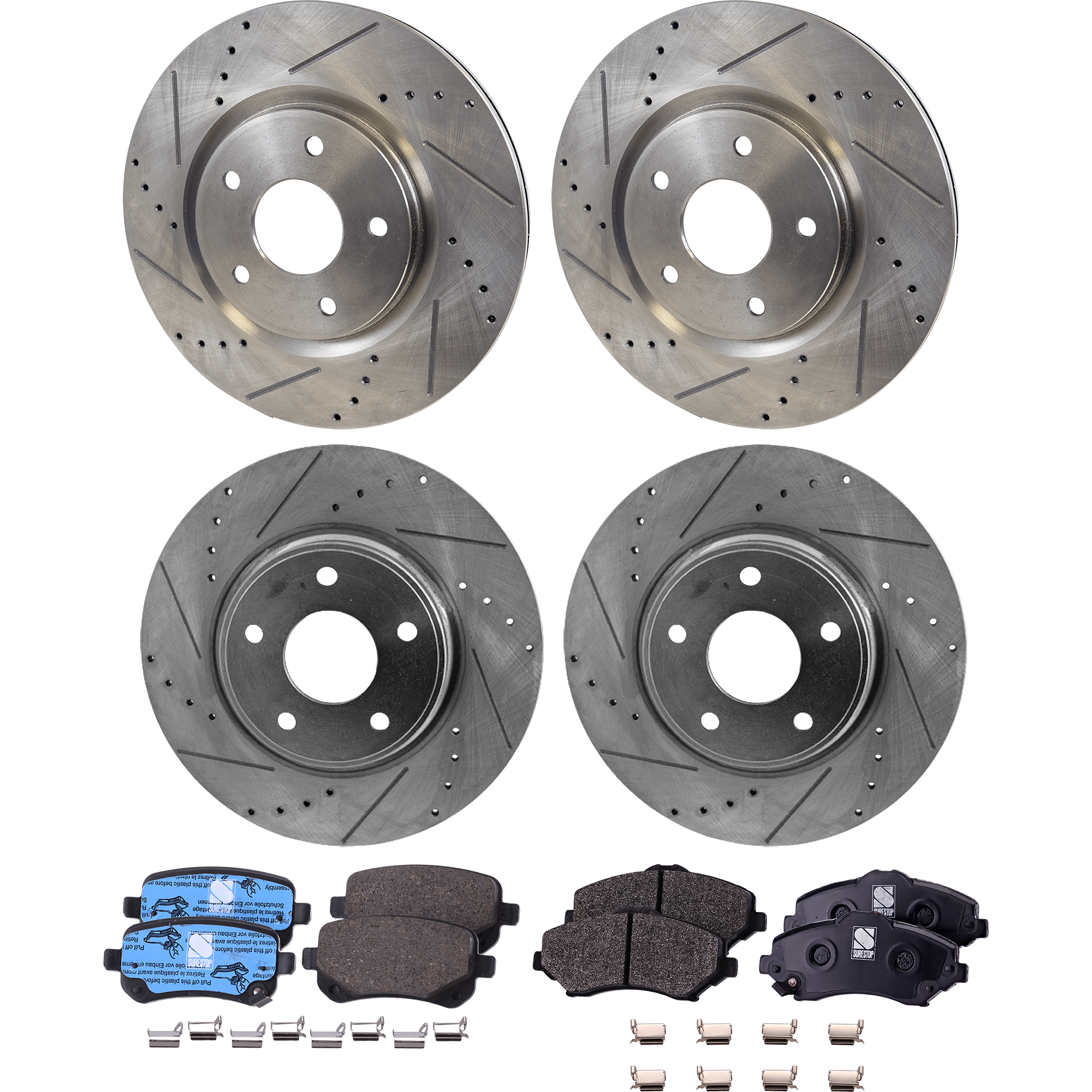 AM JOURNEY ROUTAN 12-12 FRONT AND REAR BRAKE DISC AND PAD KIT 4 Wheel Set Cross drilled and Slotted SKU KIT 052423-102 OEM 43179-53068-780964-850313-6004