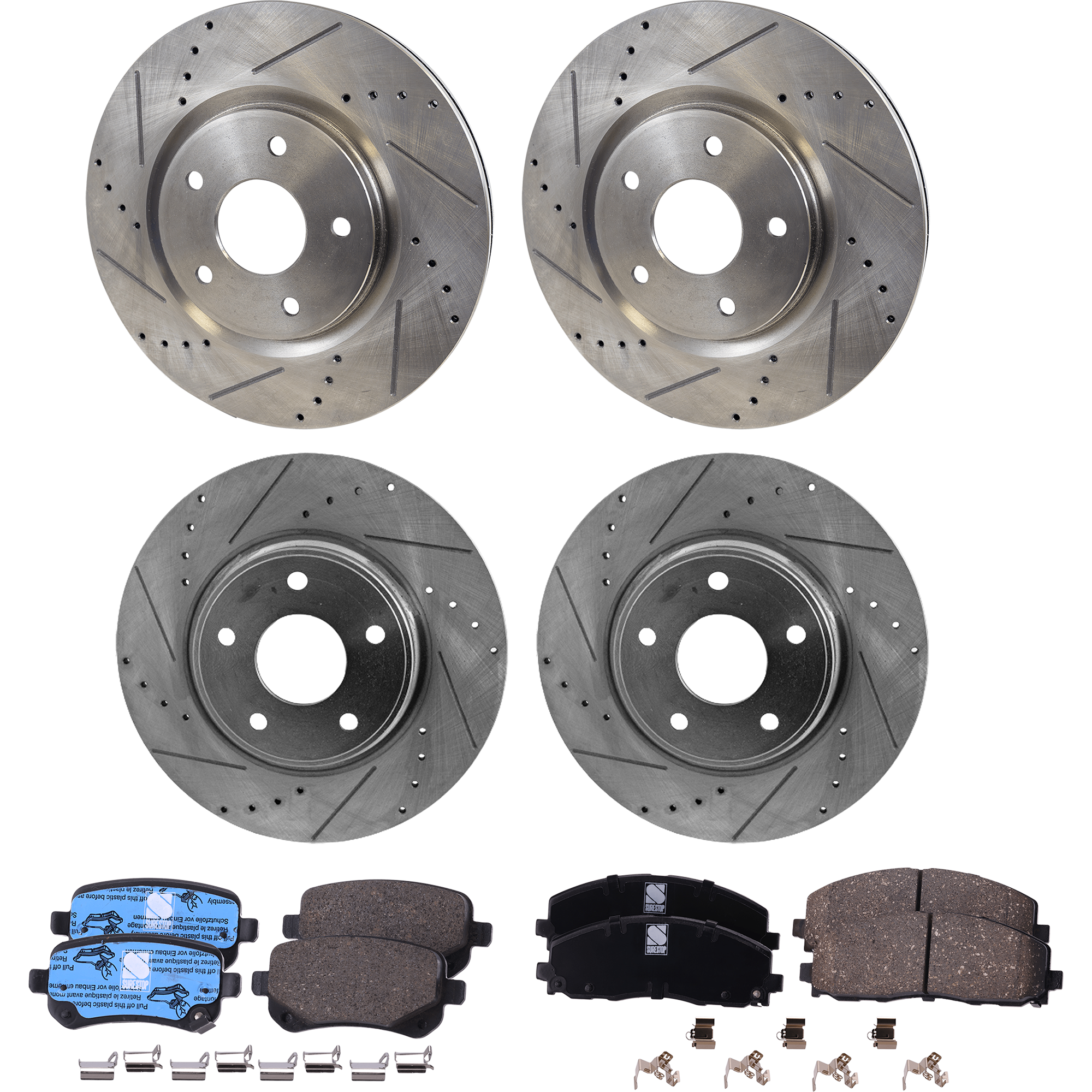 AM ROUTAN 12-12 FRONT AND REAR BRAKE DISC AND PAD KIT 4 Wheel Set Cross drilled and Slotted SKU KIT 052423-103 OEM 43179-53068-780964-850313-6004