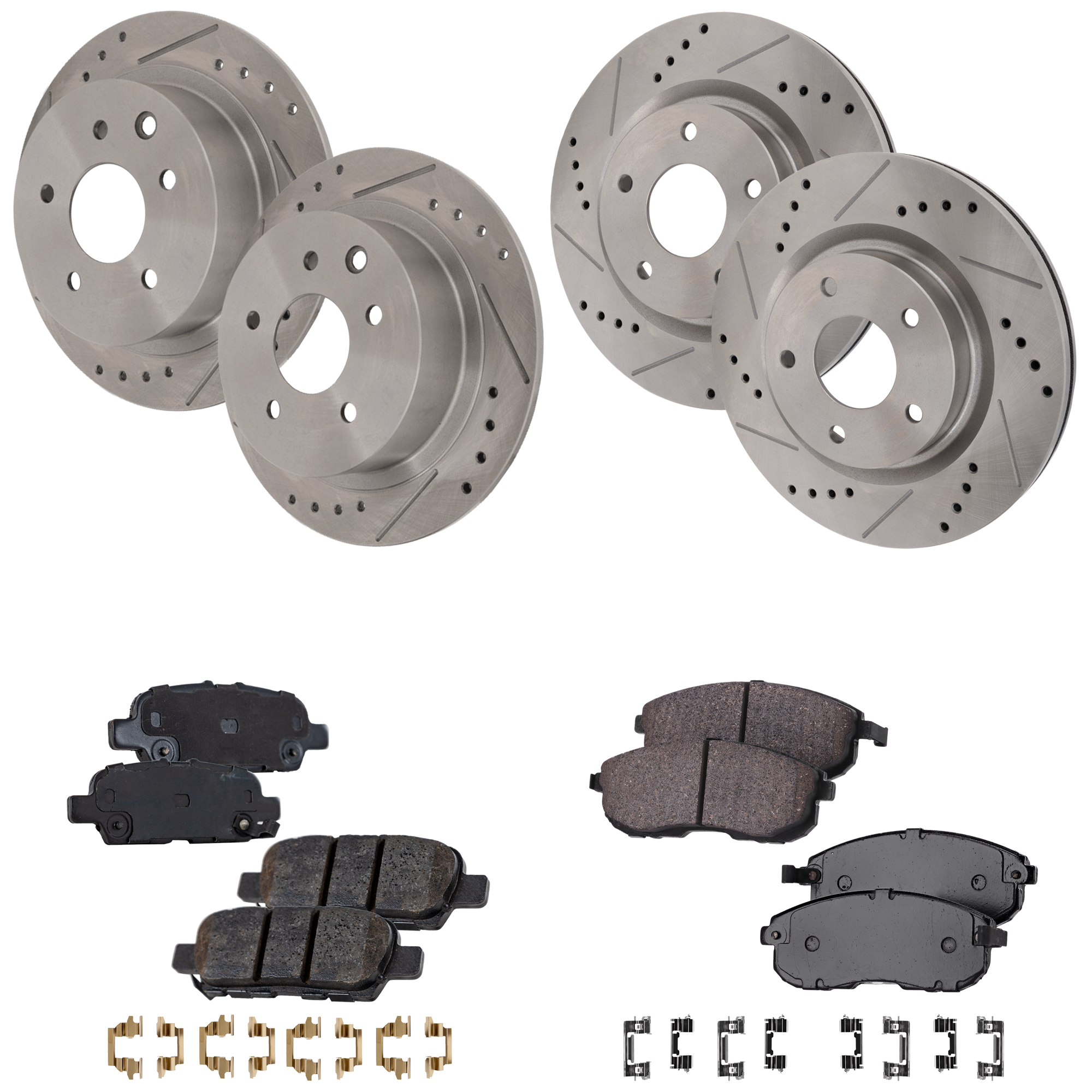 AM ALTIMA 12-13 FRONT AND REAR BRAKE DISC AND PAD KIT 4 Wheel Set Cross drilled and Slotted SKU KIT 052423-105 OEM 19987-31312-145398-476840-0832