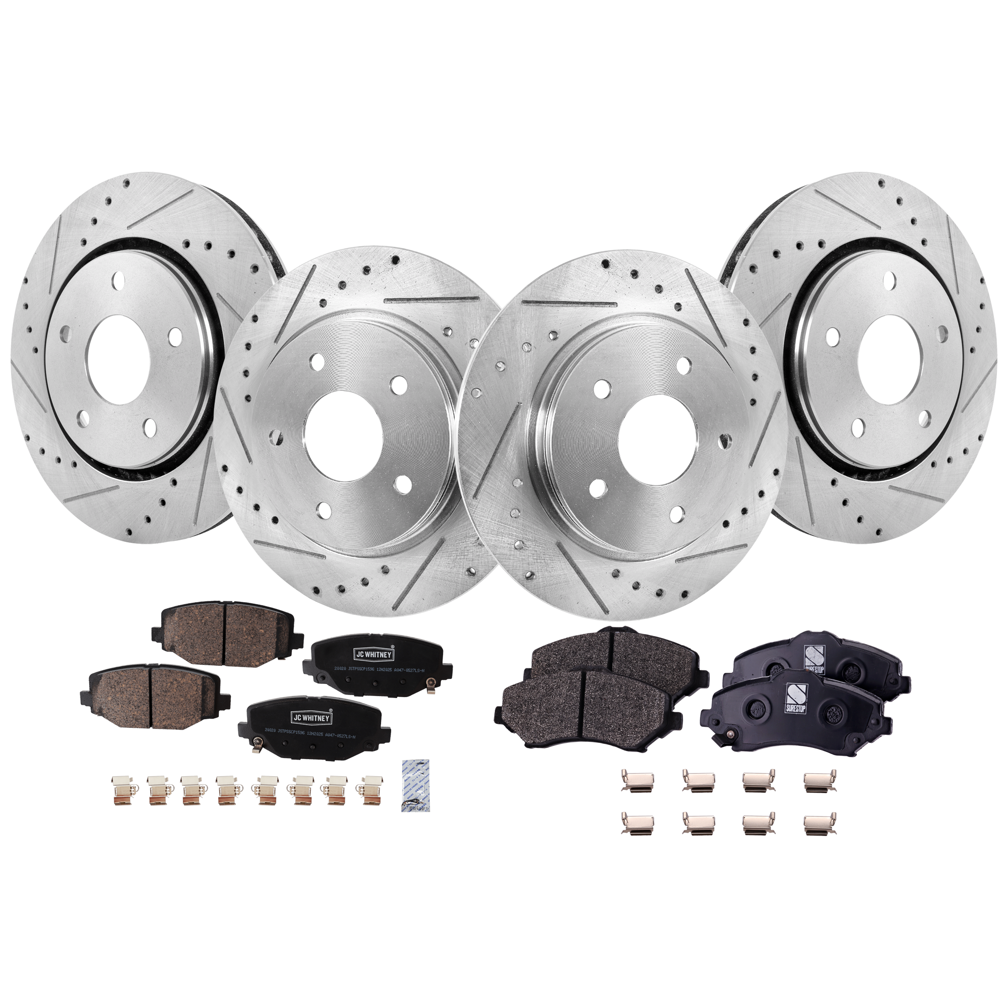 AM ROUTAN 12-14 FRONT AND REAR BRAKE DISC AND PAD KIT 6 pc kit Cross drilled and Slotted 5 Lugs Front Semi Metallic Rear Ceramic SKU KIT 052423-109 OEM 19301-43166-43537-53051-53052