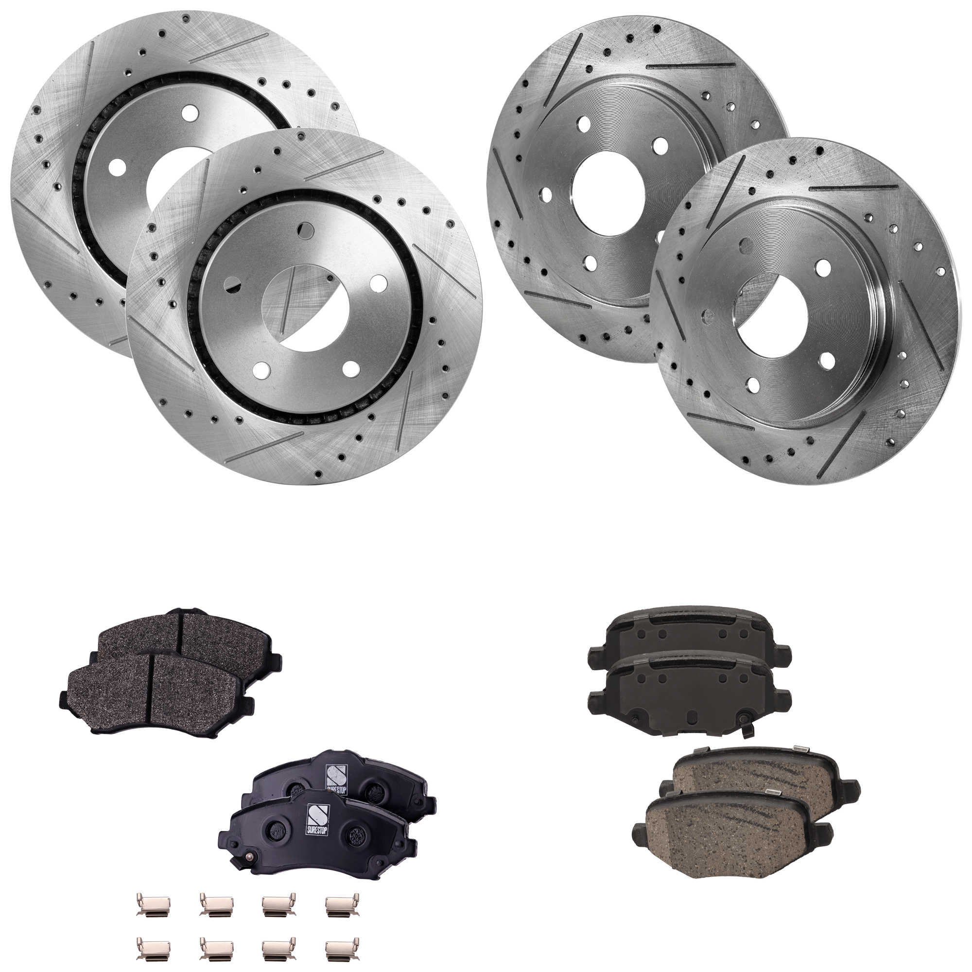 AM TOWN COUNTRY GRAND CARAVAN 12-16 FRONT AND REAR BRAKE DISC AND PAD KIT 6 pc kit Cross drilled and Slotted 5 Lugs Front Semi Metallic Rear Ceramic SKU KIT 052423-110 OEM 19301-43166-43537-53051-53052