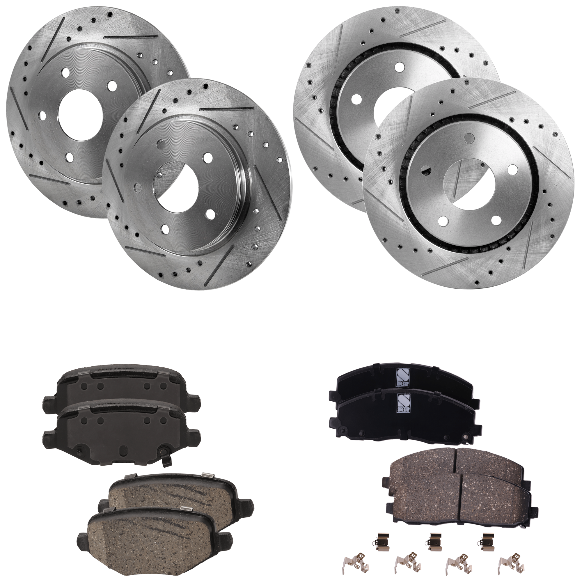 AM ROUTAN 13-14 FRONT AND REAR BRAKE DISC AND PAD KIT 6 pc kit Cross drilled and Slotted 5 Lugs Ceramic SKU KIT 052423-112 OEM 19301-43166-43537-53051-53052