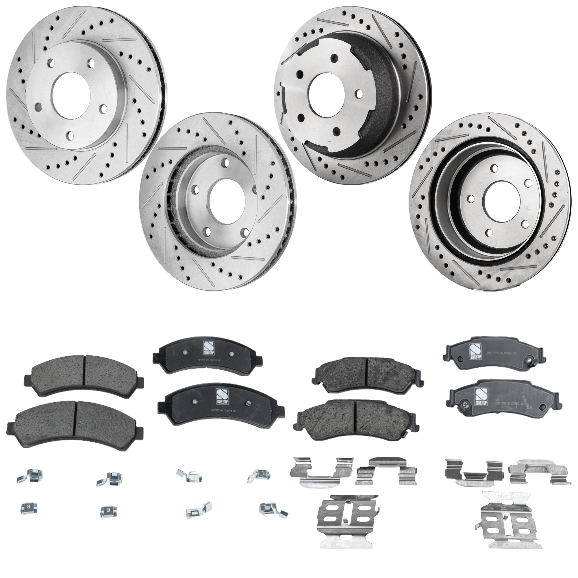 AM BLAZER 98-05 JIMMY 98-01 FRONT AND REAR BRAKE DISC AND PAD KIT 4 Wheel Set Cross drilled and Slotted SKU KIT 052423-119 OEM 19848-55047-56694-65975-10