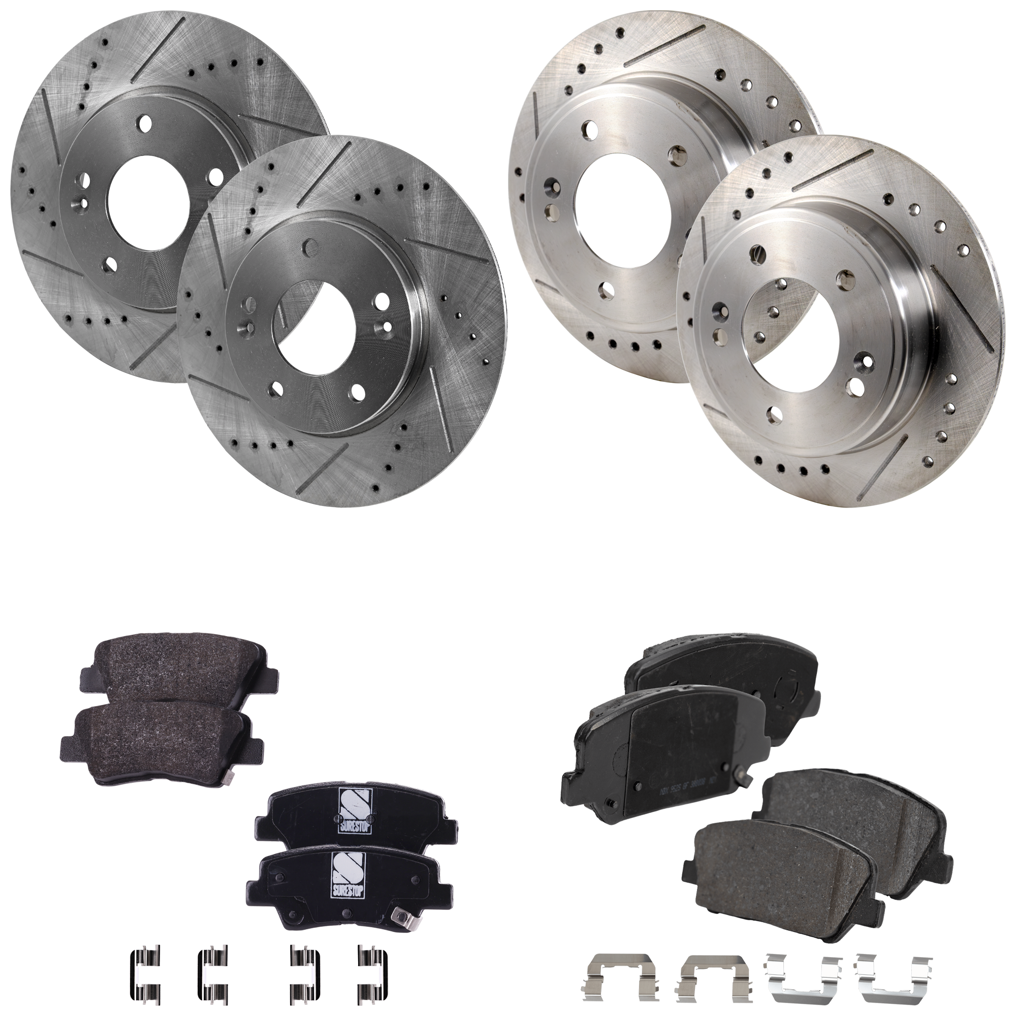 AM VELOSTER 13-16 FRONT AND REAR BRAKE DISC AND PAD KIT 4 Wheel Set Cross drilled and Slotted SKU KIT 052423-128 OEM 44746-0833529-850287-60003037