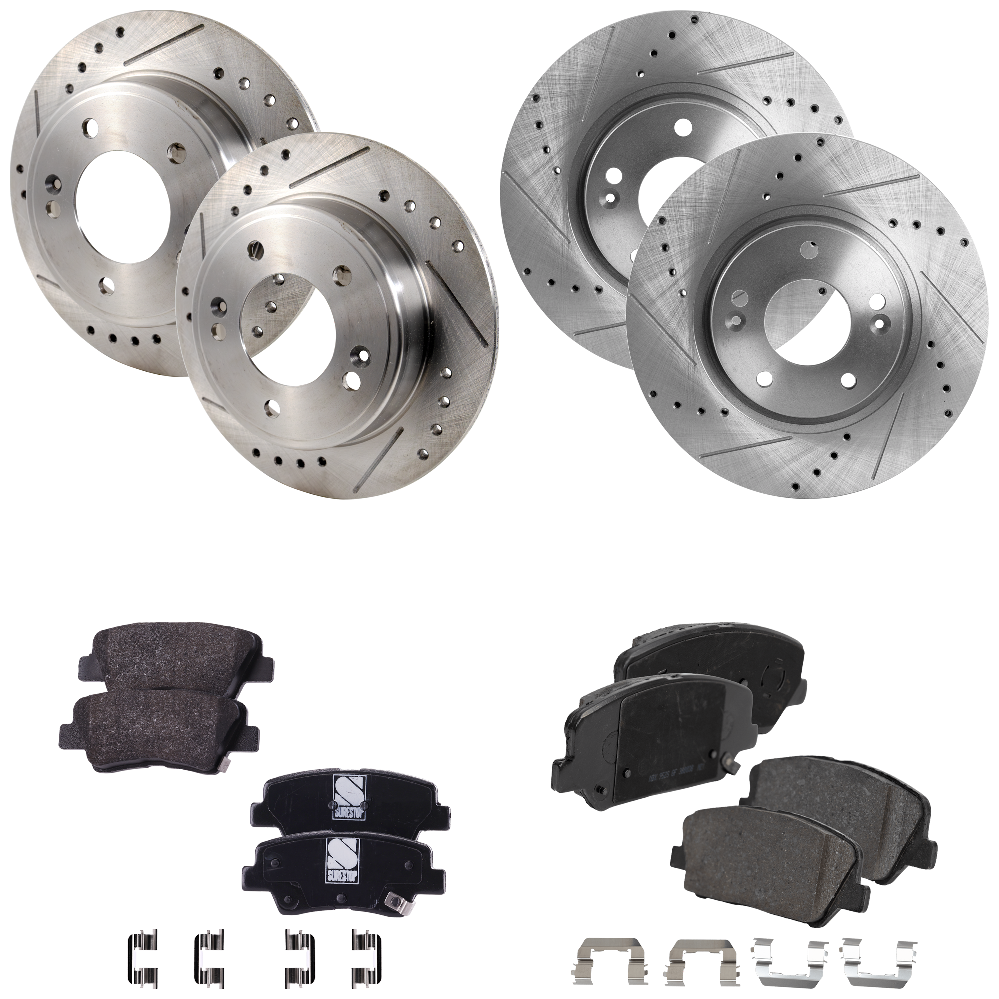 AM VELOSTER 13-16 FORTE KOUP FORTE5-14-16 FRONT AND REAR BRAKE DISC AND PAD KIT 4 Wheel Set Cross drilled and Slotted SKU KIT 052423-131 OEM 44746-0833529-850287-60003037