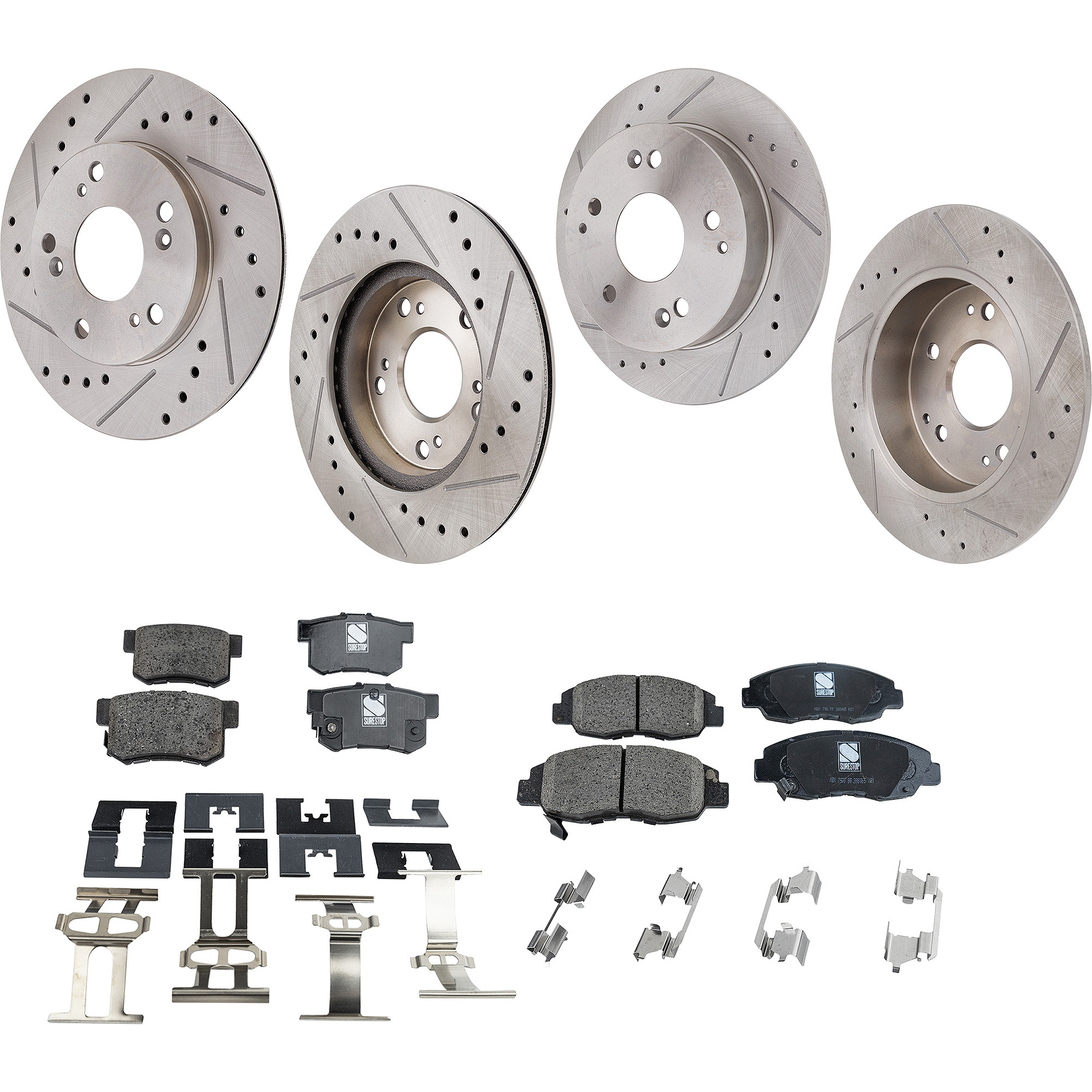 AM CIVIC 06-11 FRONT AND REAR BRAKE DISC AND PAD KIT 4 Wheel Set Cross drilled and Slotted SKU KIT 052423-132 OEM 31311-145397-0832911-083291
