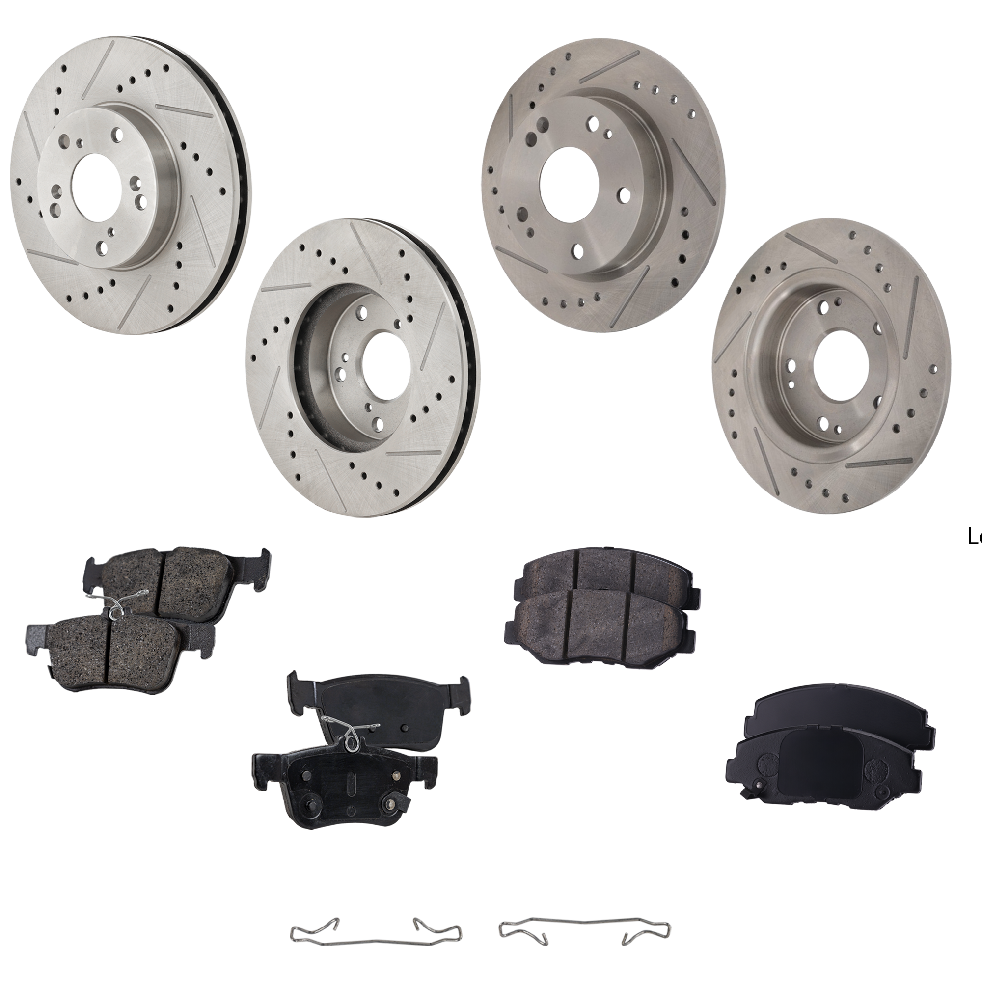 AM CIVIC 16-17 FRONT AND REAR BRAKE DISC AND PAD KIT 8 pc Kit Cross drilled and Slotted SKU KIT 052423-135 OEM 45706-850458-12140089-60059059
