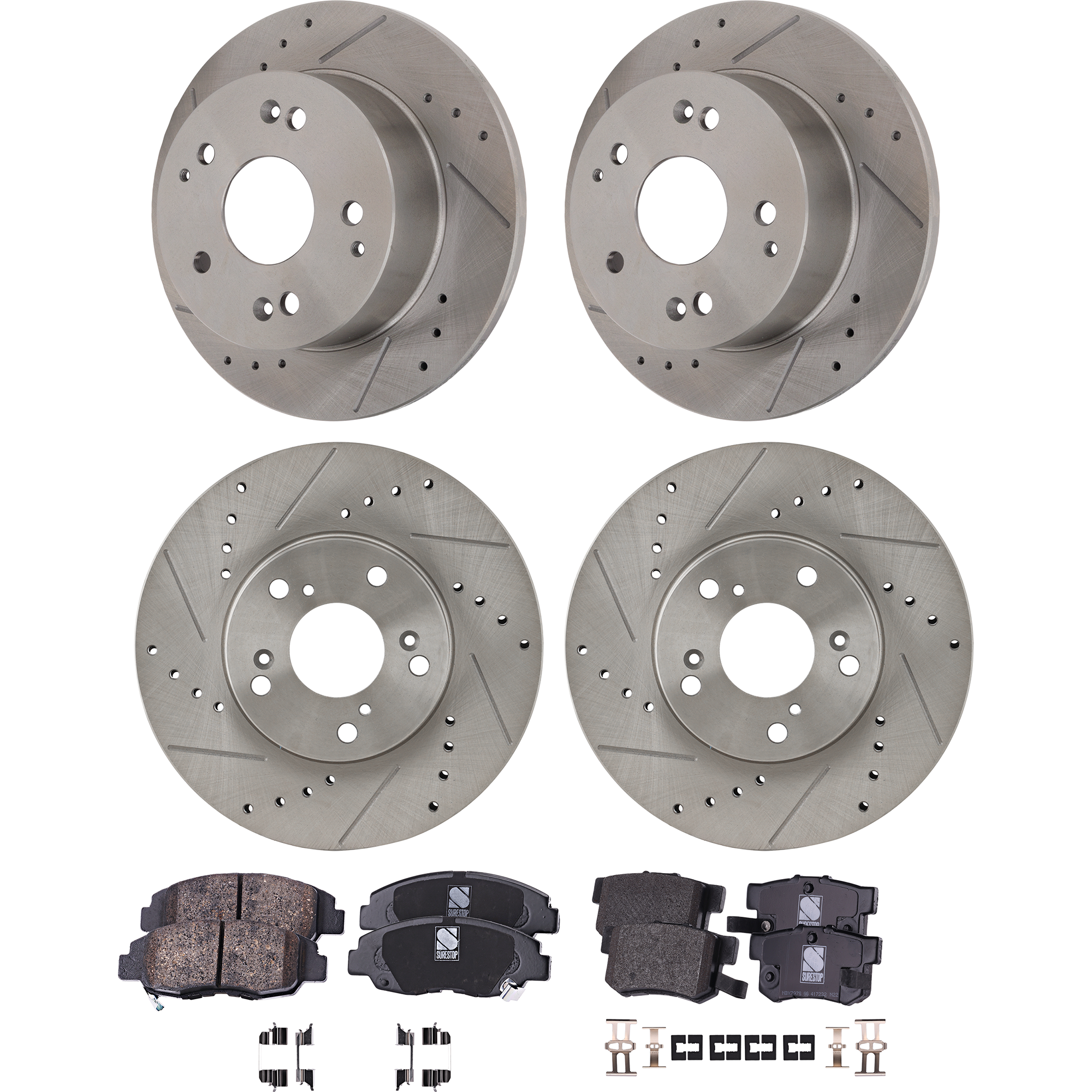AM ACCORD 99-99 FRONT AND REAR BRAKE DISC AND PAD KIT 4 Wheel Set Cross drilled and Slotted SKU KIT 052423-141 OEM 19896-31257-31305-44774-96711