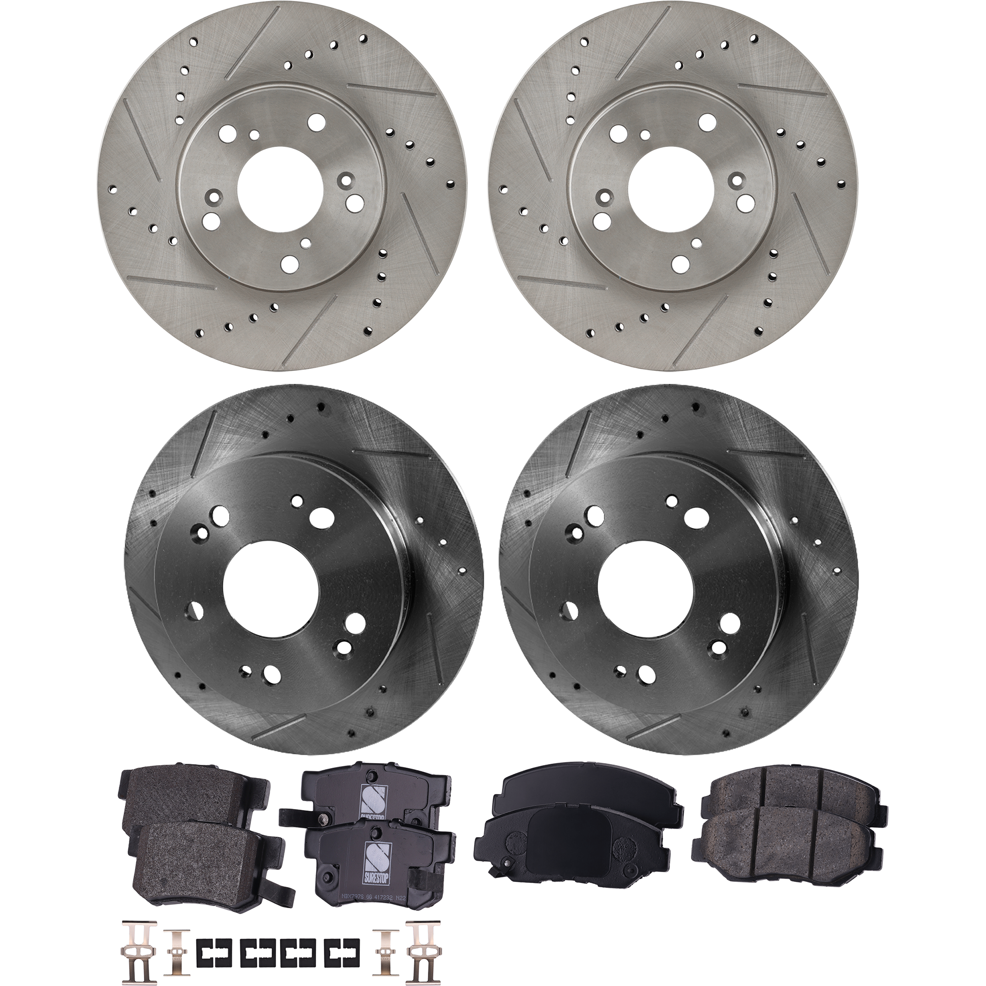 AM CIVIC ILX 15-15 FRONT AND REAR BRAKE DISC AND PAD KIT 4 Wheel Set Cross drilled and Slotted SKU KIT 052423-147 OEM 31-227-314-201-084-000-000-000-000