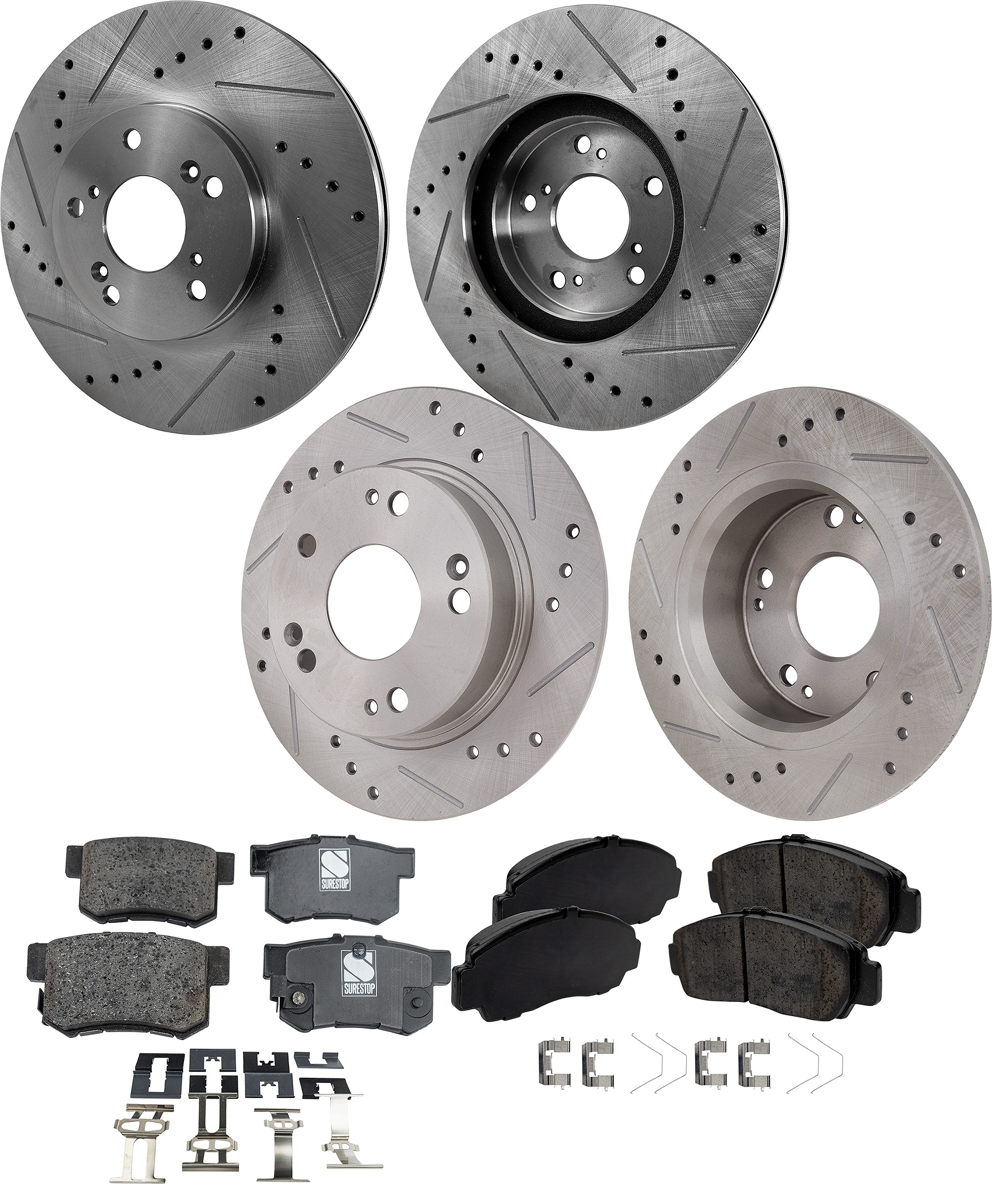AM TSX 04-08 FRONT AND REAR BRAKE DISC AND PAD KIT 8 pc Kit Cross drilled and Slotted SKU KIT 052423-149 OEM 19930-31275-31354-31519-96